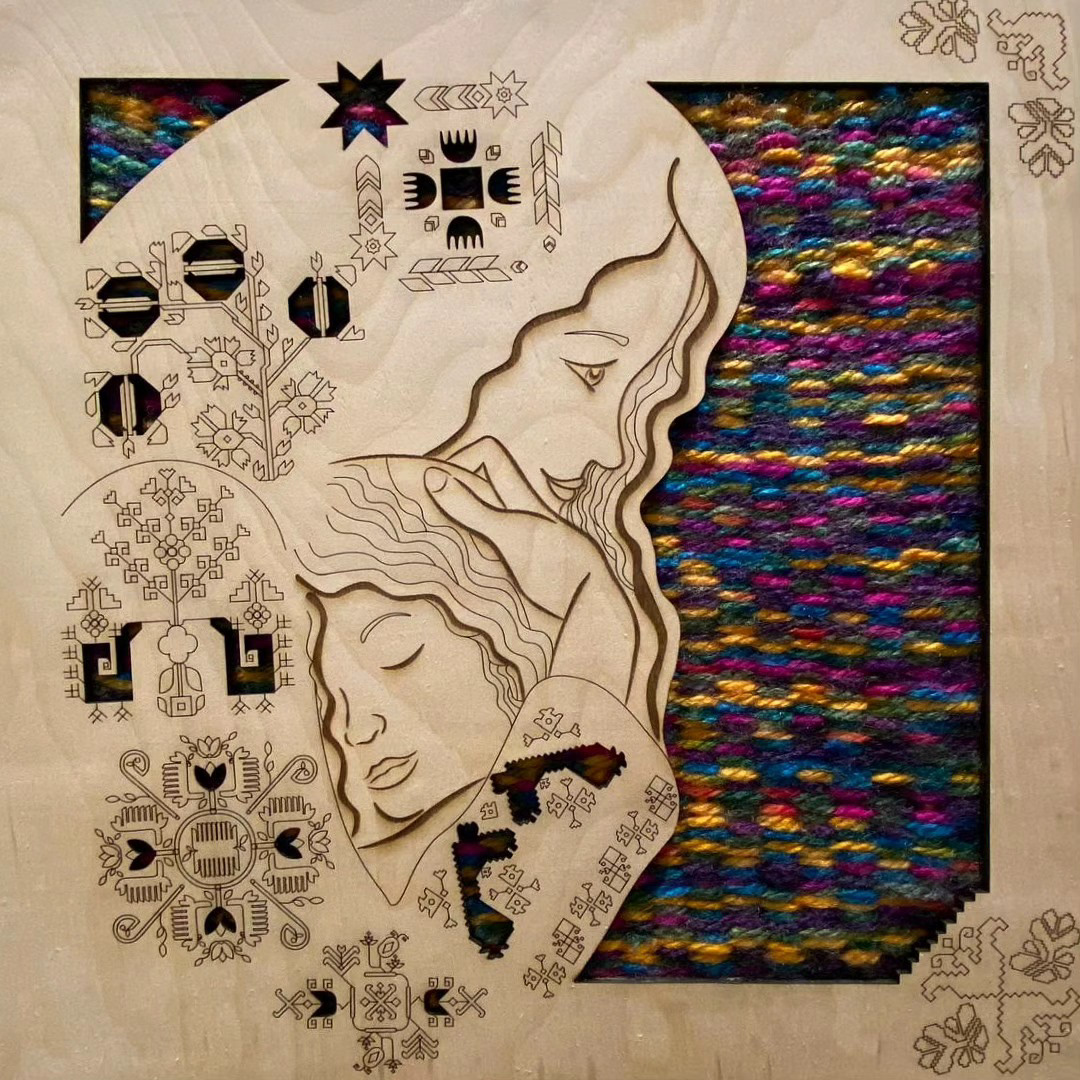 'Embrace' laser cut wood and woven fabric