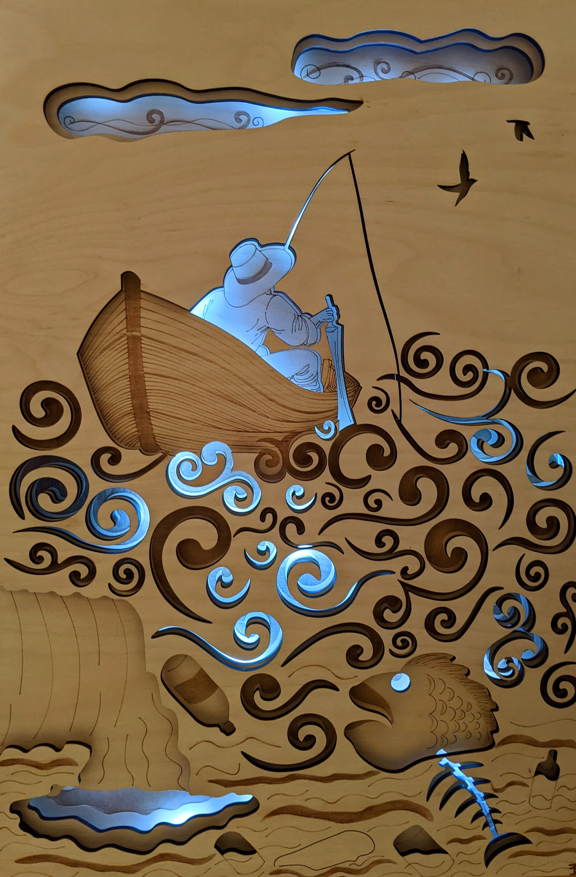 Fairy Tales vs. Global Issues: The Fish and The Fisherman vs. Pollution, laser cut birch wood