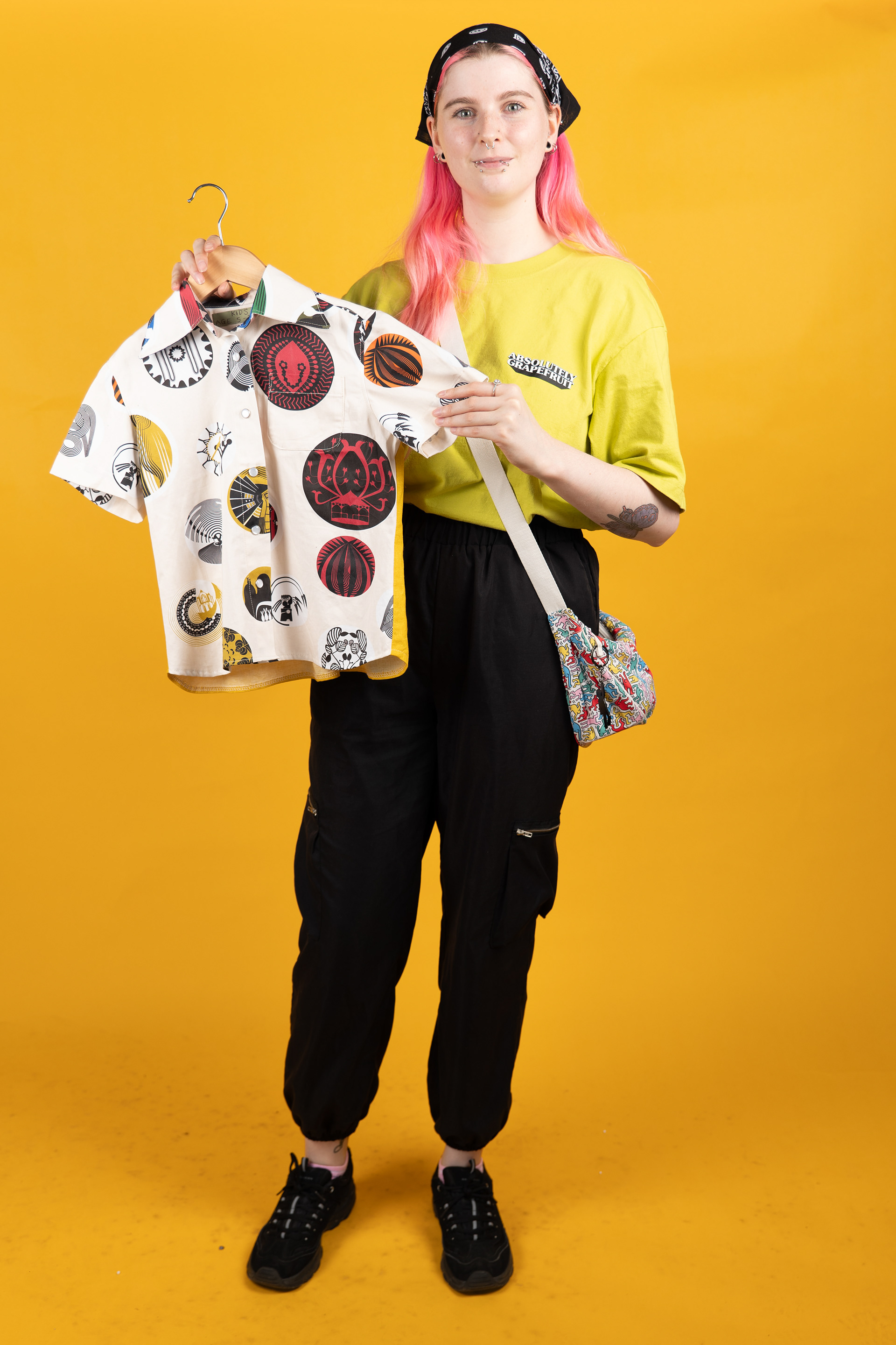 Myself with the physical production of the shirt. Here it is in a white version of the pattern.