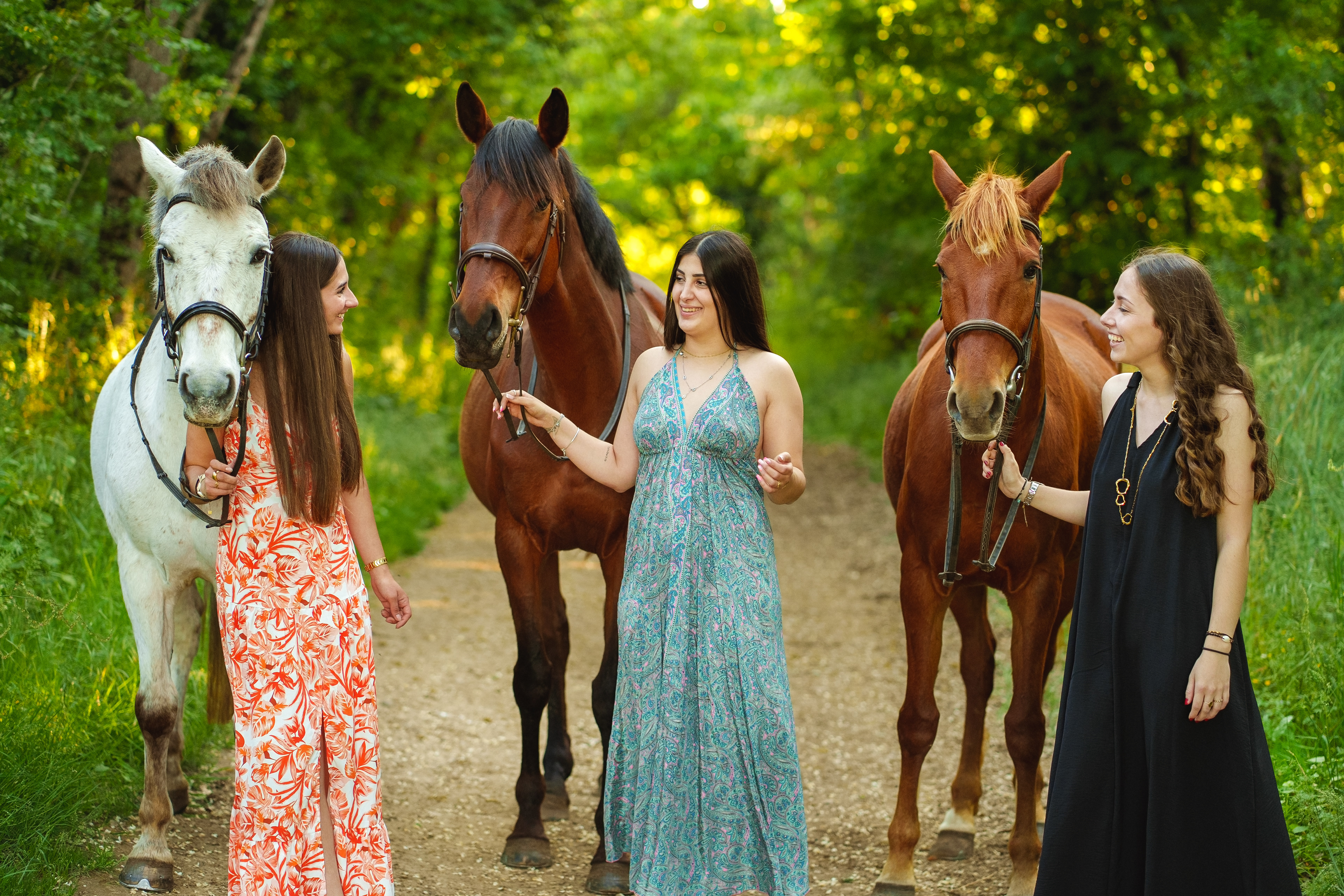 Séance photo de 3 amies avec leurs chevaux en forêt à Toulouse
