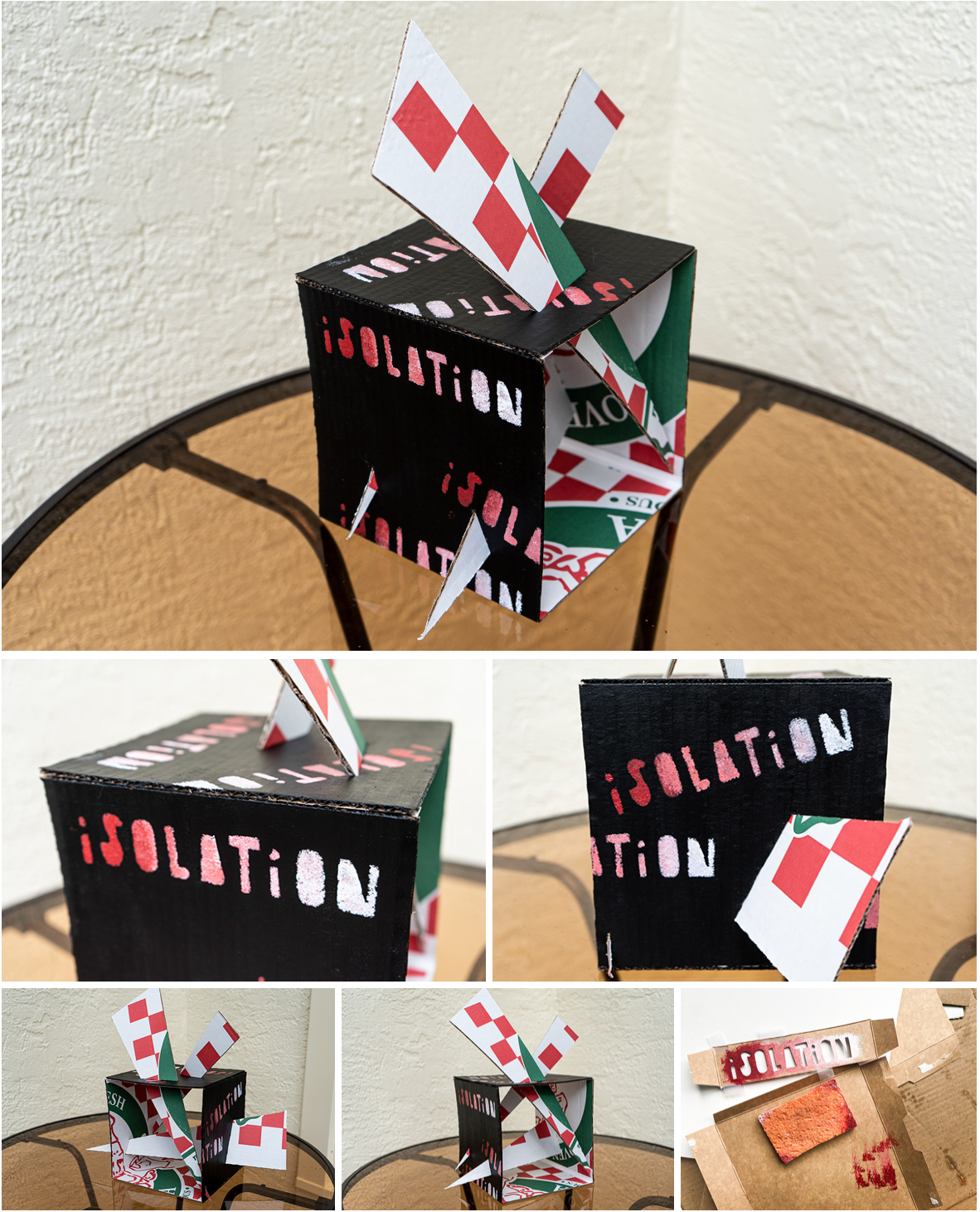 Sculpture, material: pizza box, acrylic paint