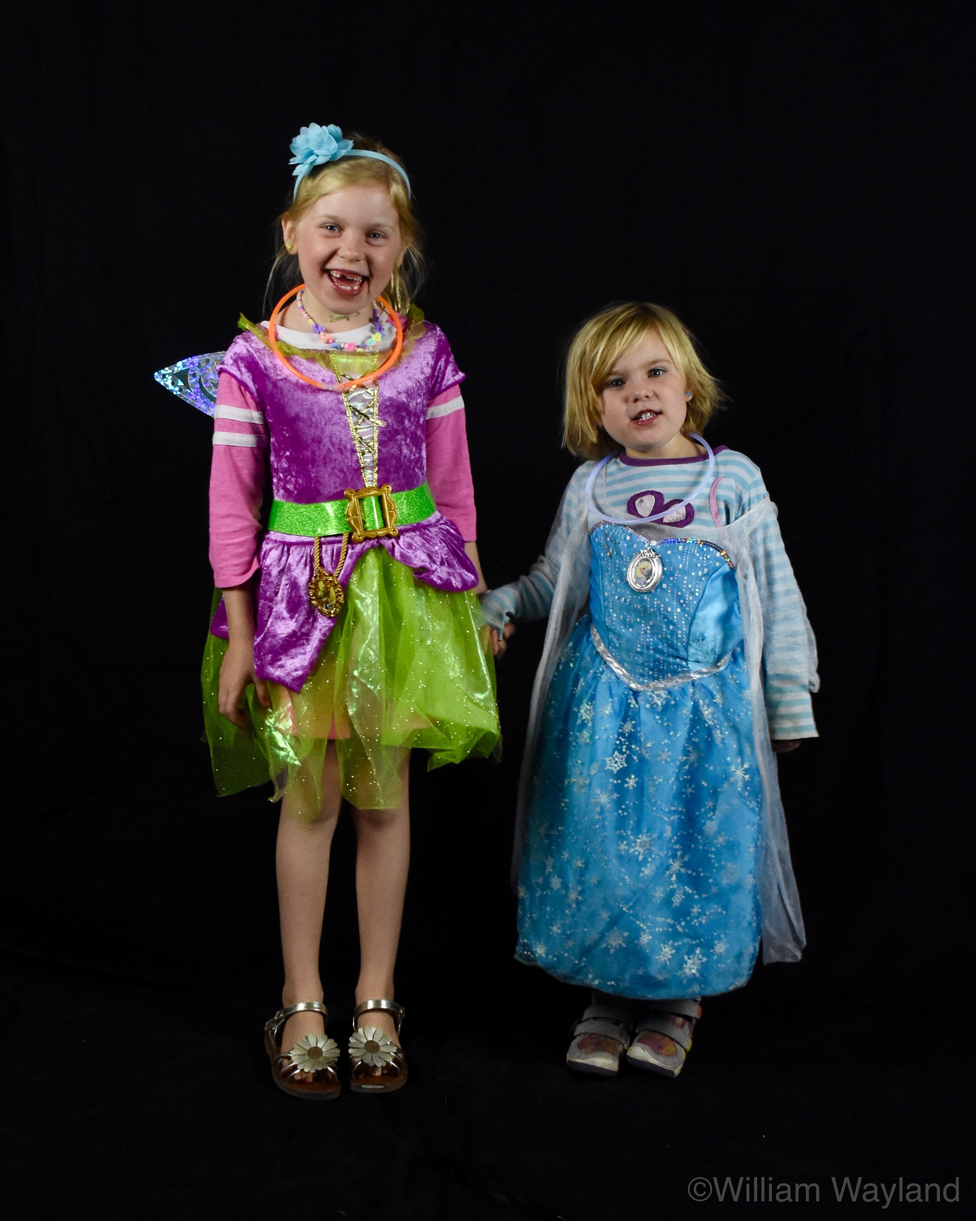 Two girls in Halloween costumes dressed as princesses