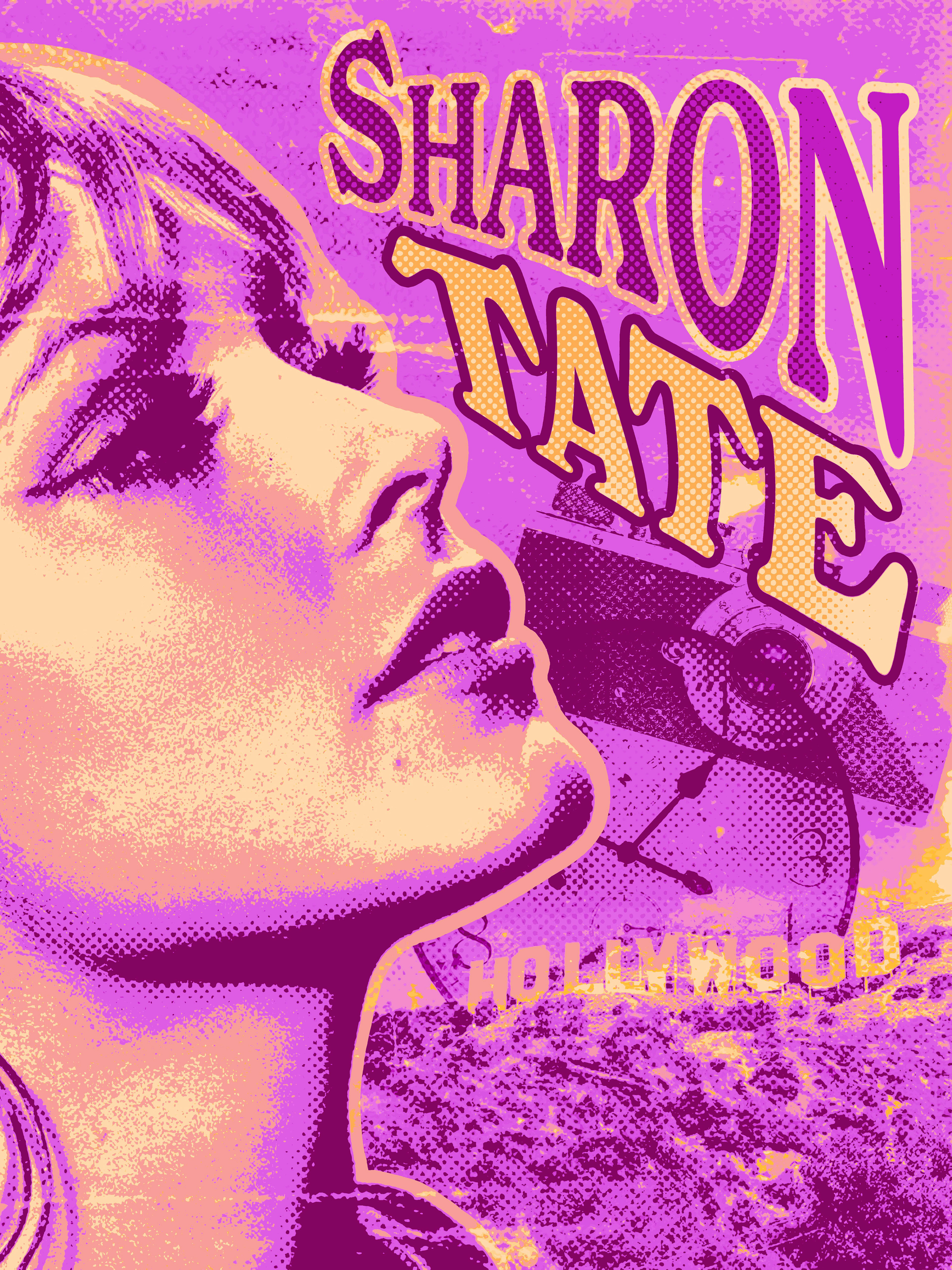 Sharon Tate Digital Artwork with some images in the background relating to her life, 2021