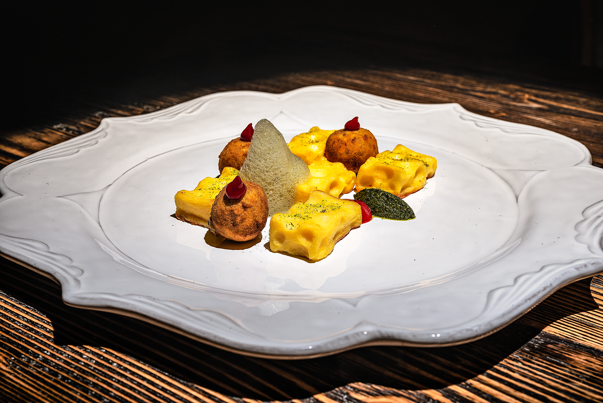 Flan di toma, ceci, lamponi e menta
