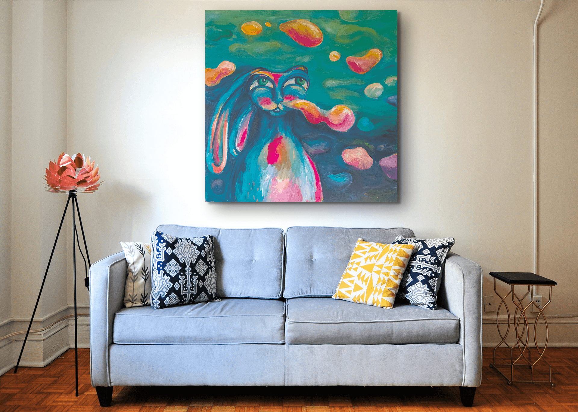 a hare and bubbles above a sofa