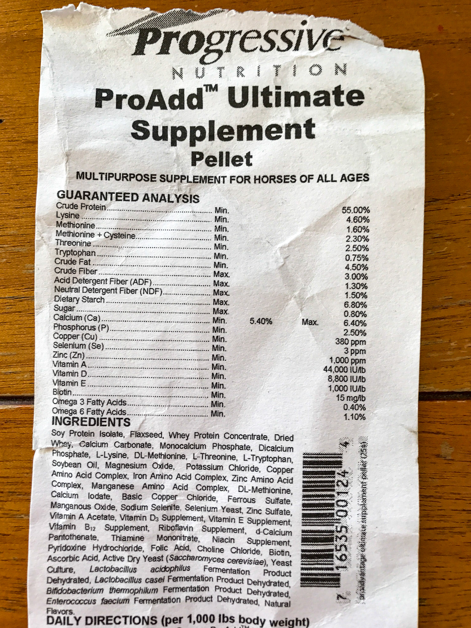 ProAdd label from a few years ago.  The mix has many inflammatory ingredients (grains, sugar, oil) plus unnecessary buffers, yeasts, vitamins and minerals. Since this time they have decreased the whey protein concentrate to a lesser amount while increasing the amount of inflammatory ingredients.
