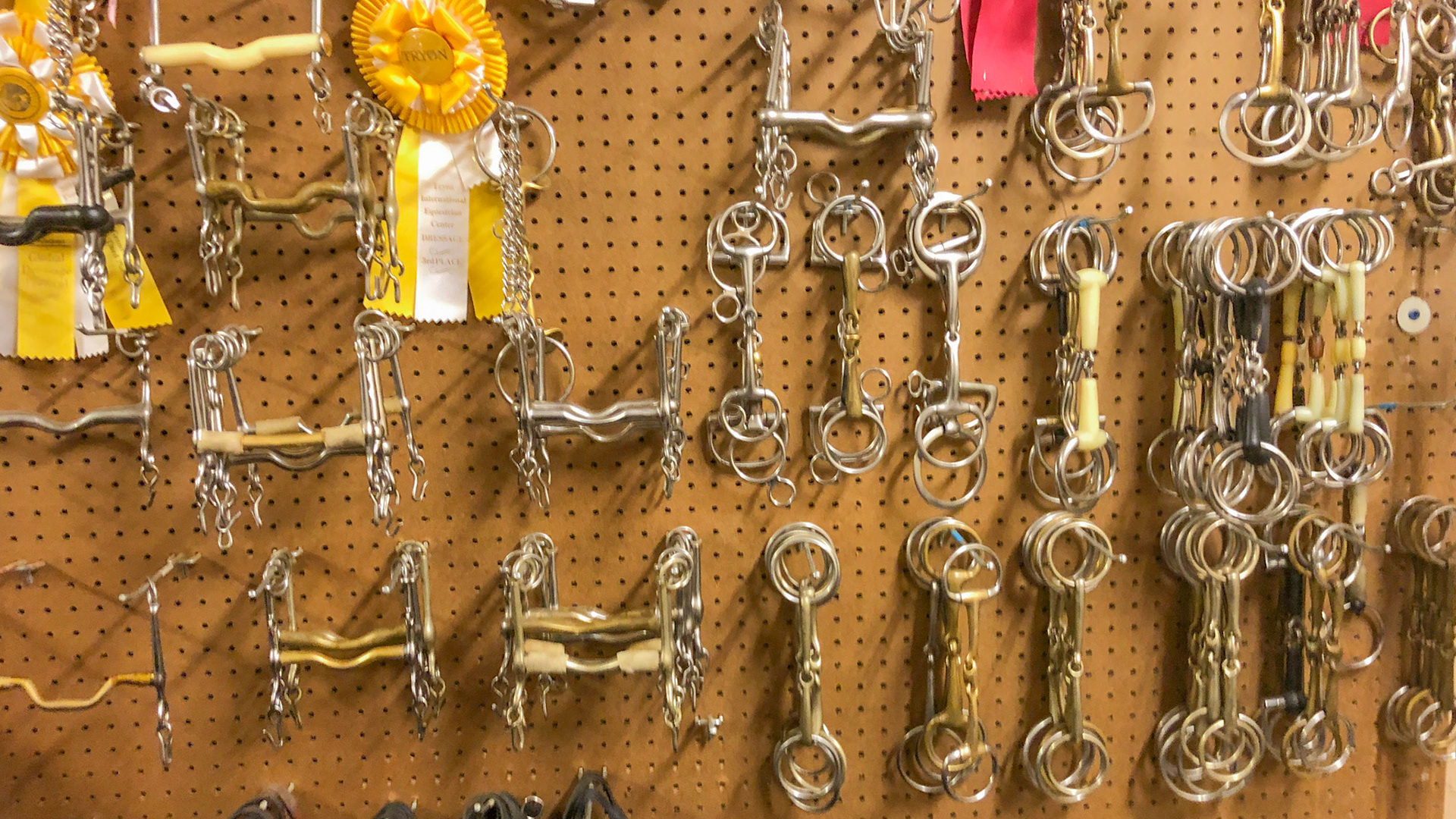 An assortment of bits in an Olympic level dressage barn. Having an assortment of bits is necessary at this level but most people with this many bits for a few horses may want to have the cheek teeth checked for sharp points before purchasing another bit.