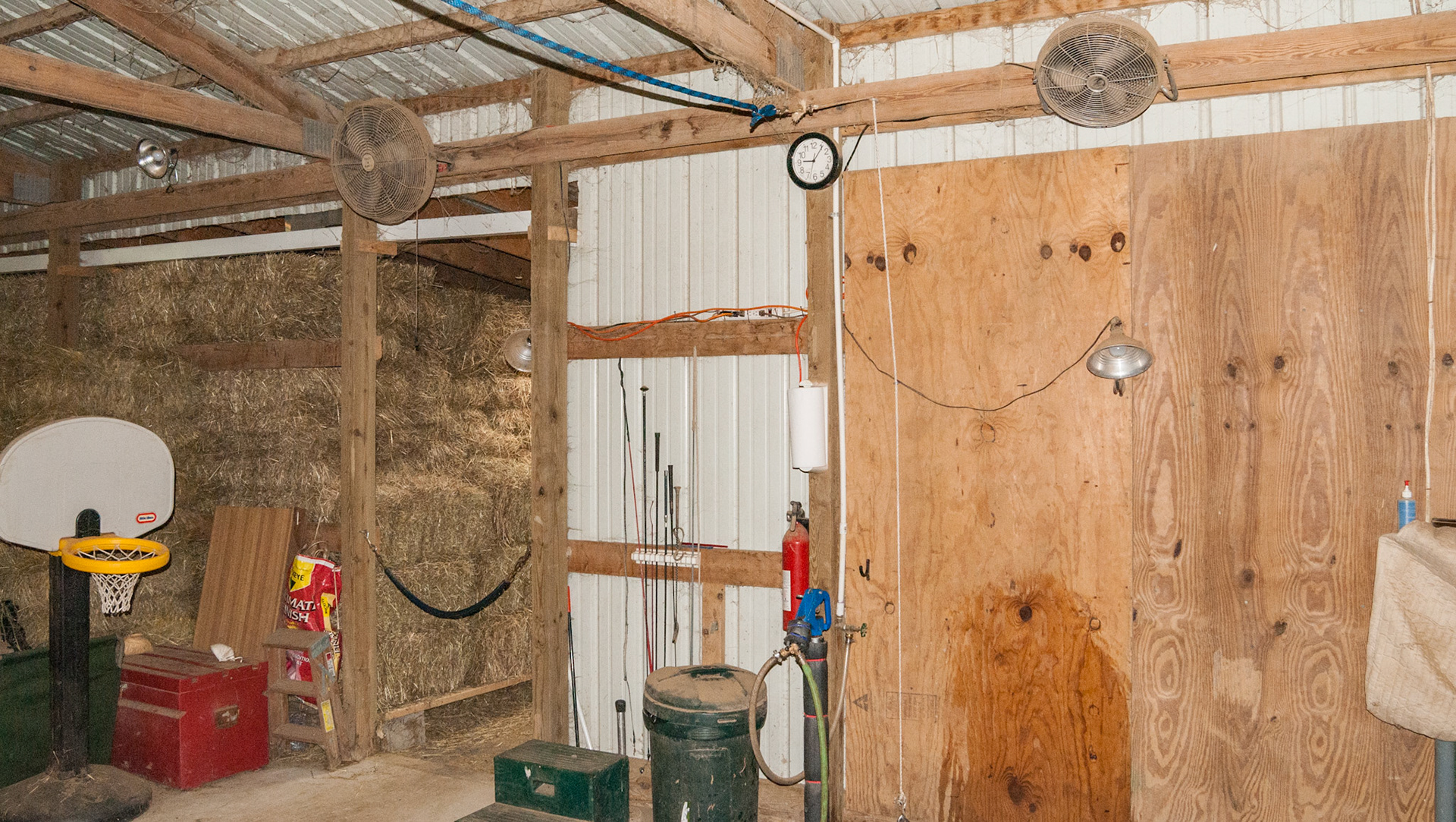 Grooming and wash area. The cross tie end is raised to the ceiling via a pully until needed for grooming in this small area.