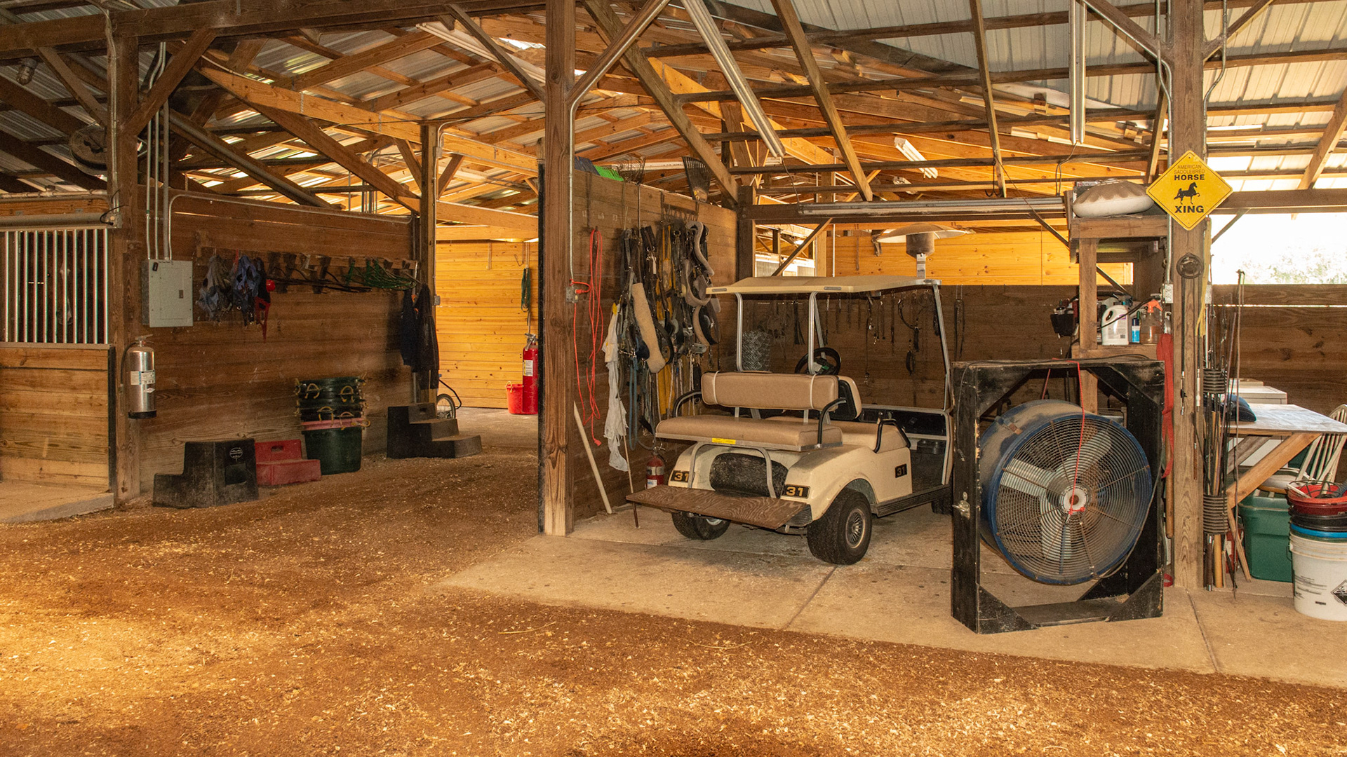 Everything is clean and organized in this barn. A lot of hard work is clearly evident in the whole barn.  Note 2 fire extinguishers (two of many throughout the barn).  Electric is in conduit.