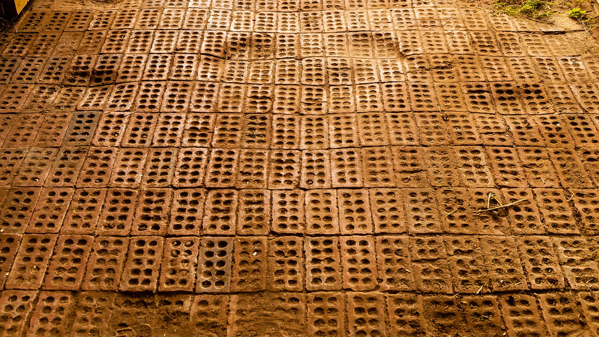Hand laid brick in a grooming area.  Note the worn areas where the horses and people have stood over the years.
