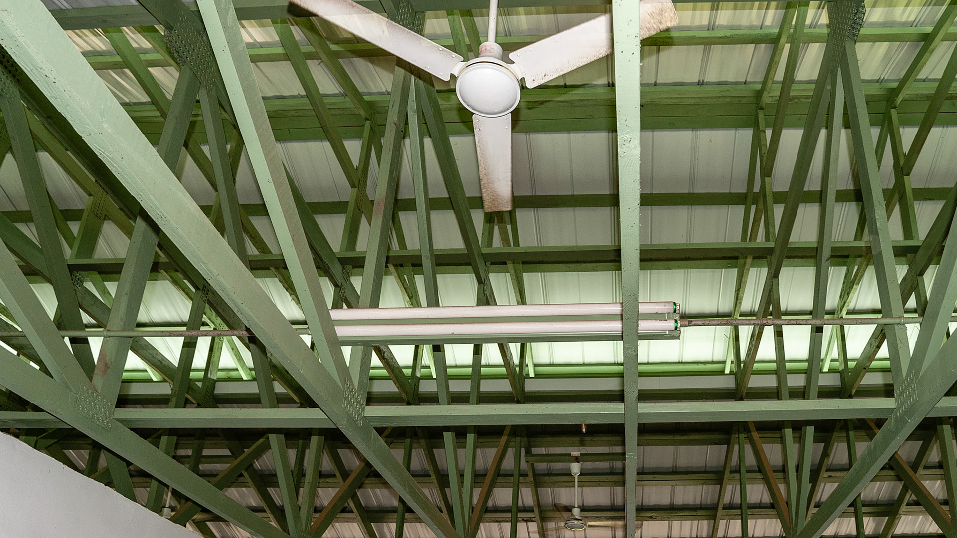 The rafters protect the light,  fan and bug spray system from damage by a horse. May be harder to clean or maintain.