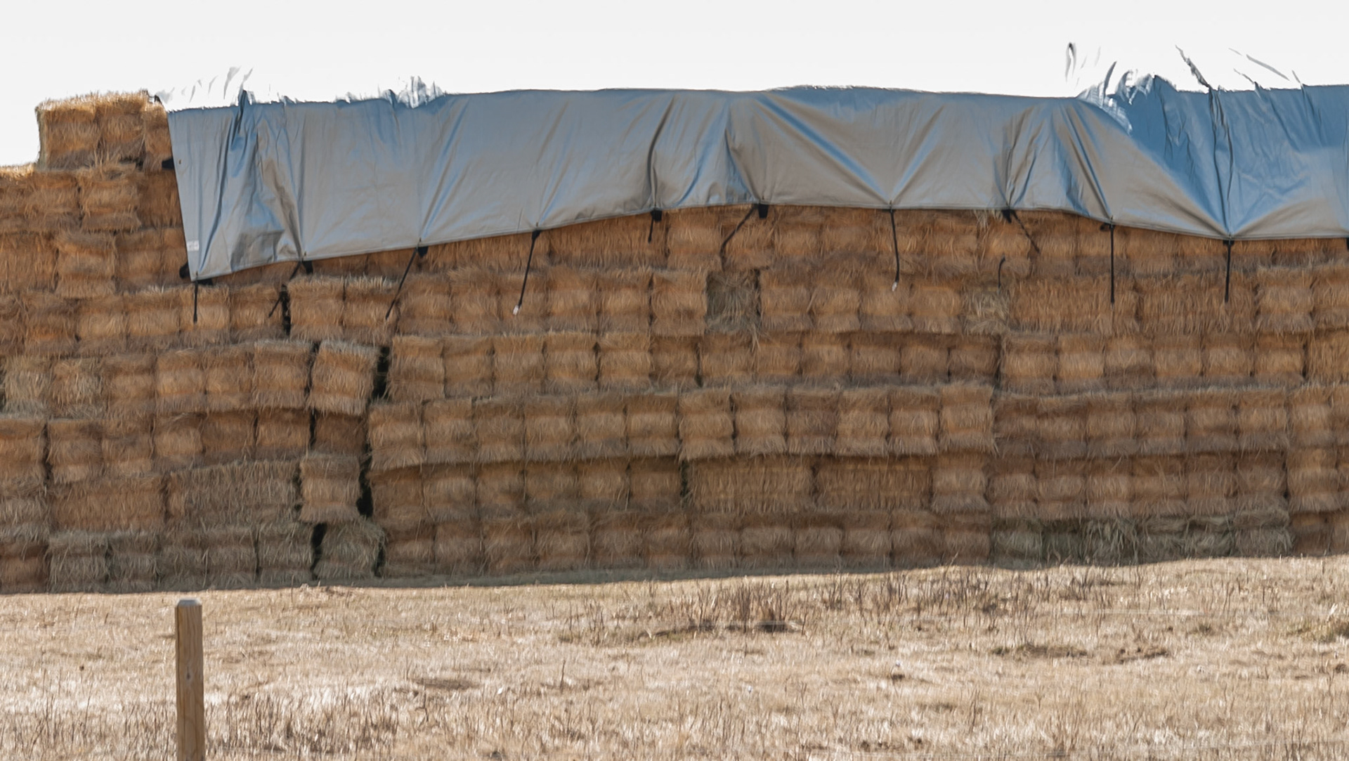 Partial cover with no side cover of very large bales of straw in eastern Washington.