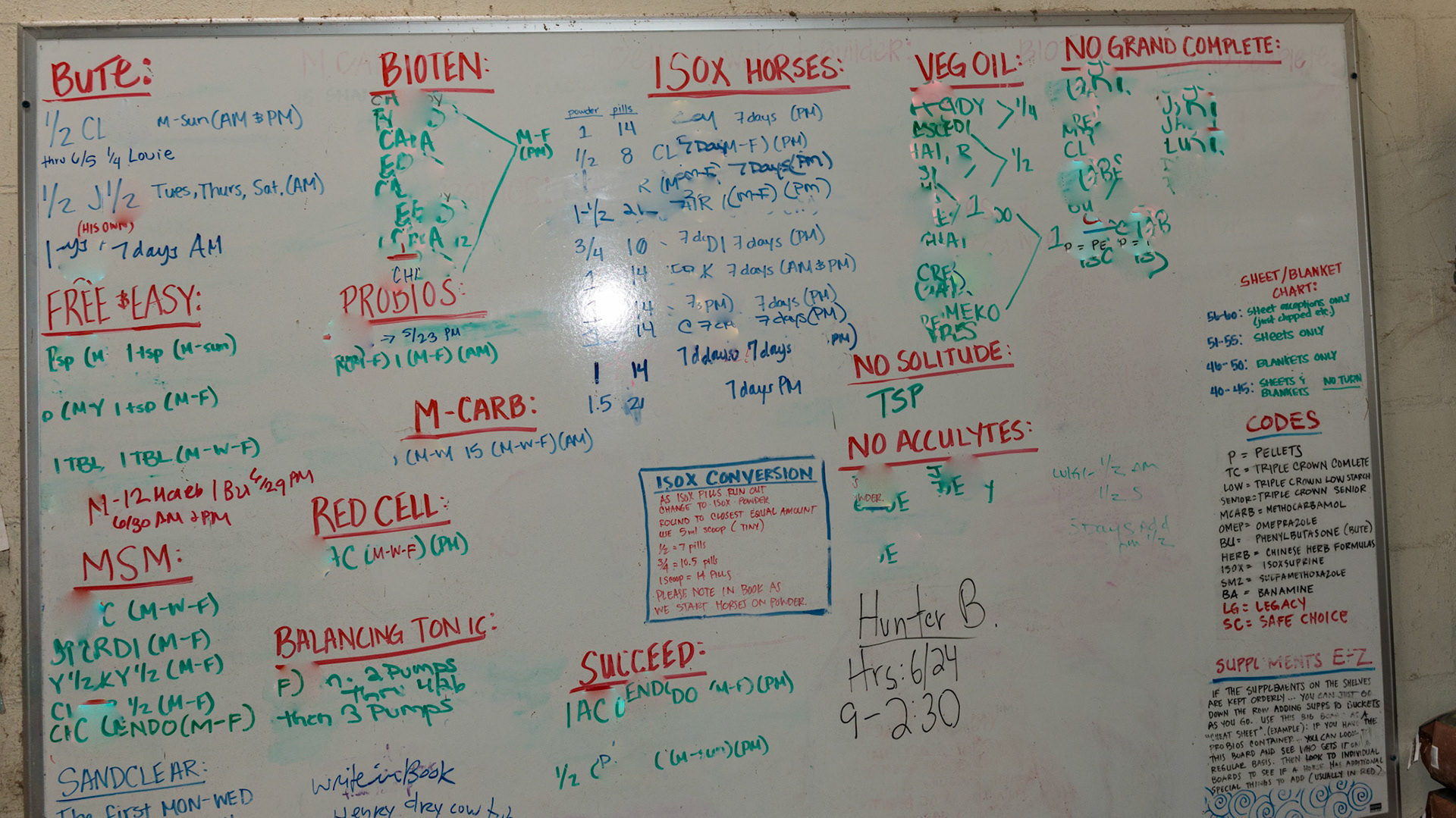 Highly organized feed room. Horse's names are obsured by request of the barn owner because she prides herself not only on her organization, but in her integrity of confidentiality.
