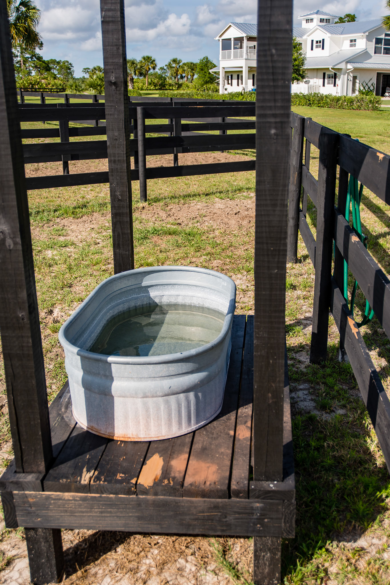 A water tub in a paddock on a platform with a small roof for shade