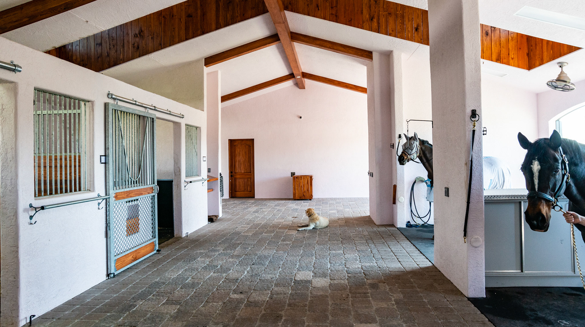 Stall interior with stone flooring and a stucco ceiling.