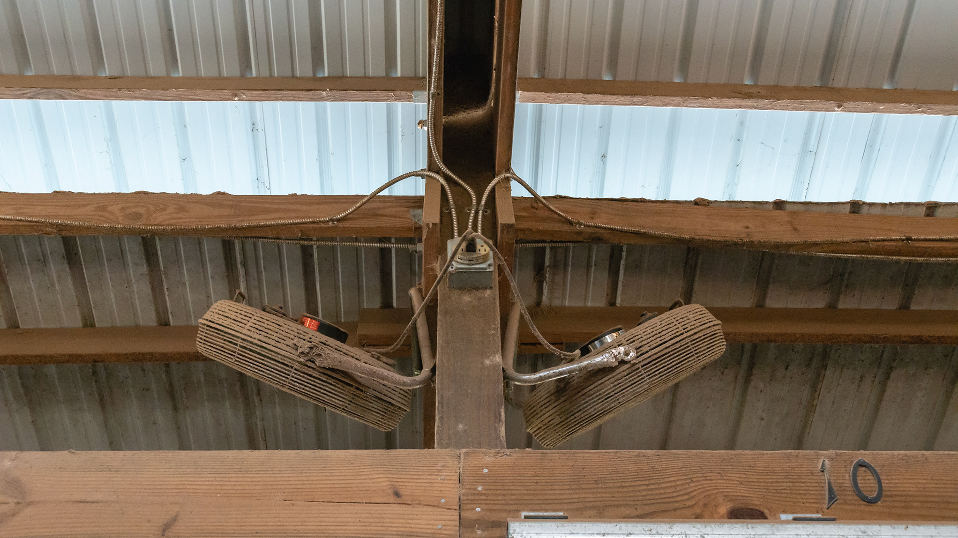 Metal conduit and junctiion box protect the wires from rodent damage. The fans use their short cords.  No extensions - all good policy.