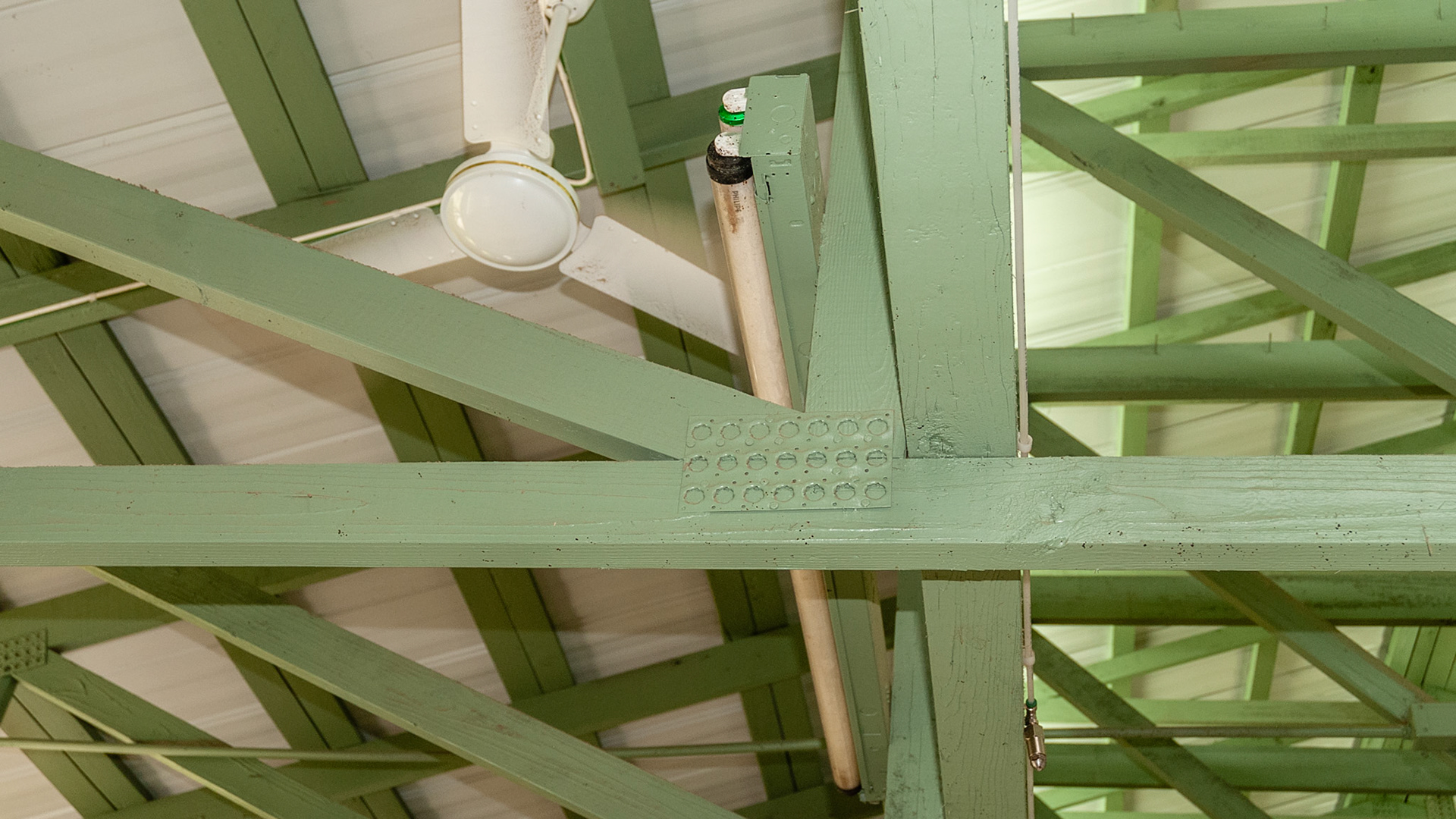 The rafters protect the light,  fan and bug spray system from damage by a horse. May be harder to clean or maintain.