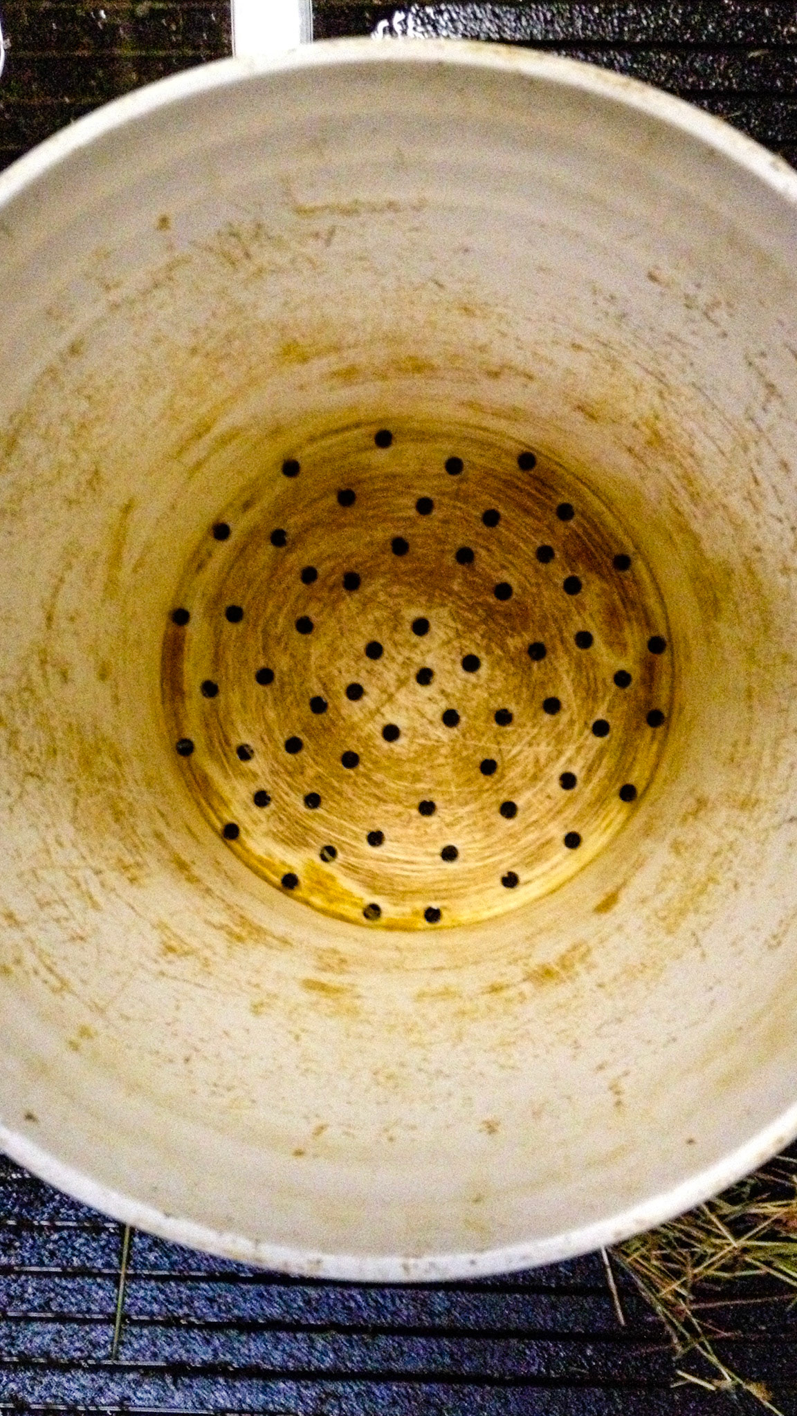 A bucket with holes in the bottom allows for soaking hay cubes. By bthe time the water drains out the cubes are perfectly moistened.