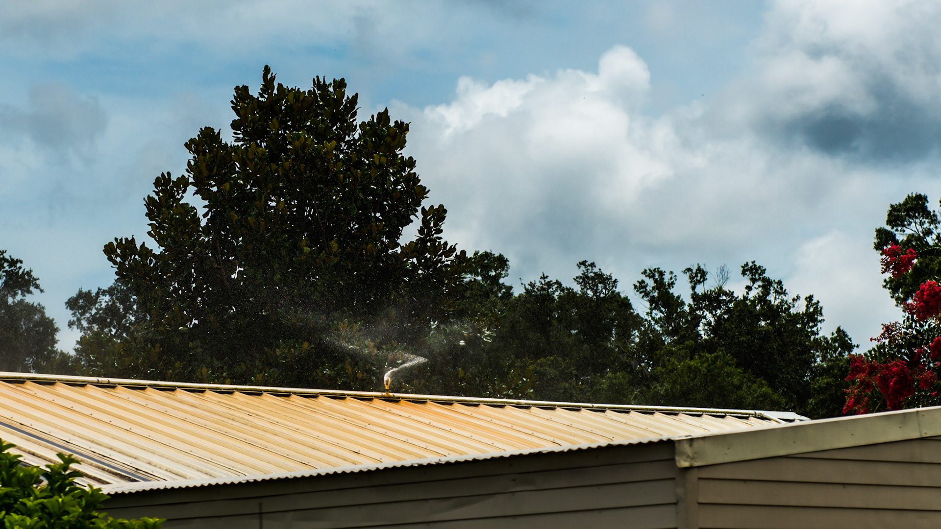 Roof sprinklers keep this metal roof cool in the Florida sun.