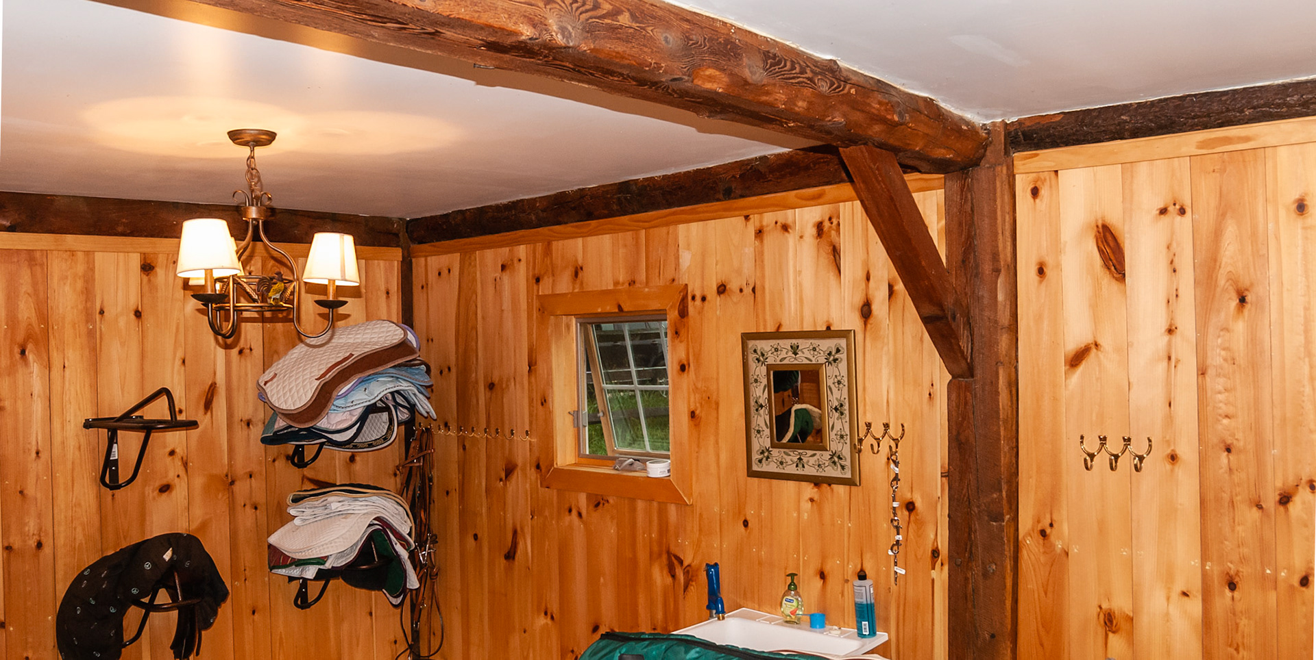 A rustic and finished tack room.