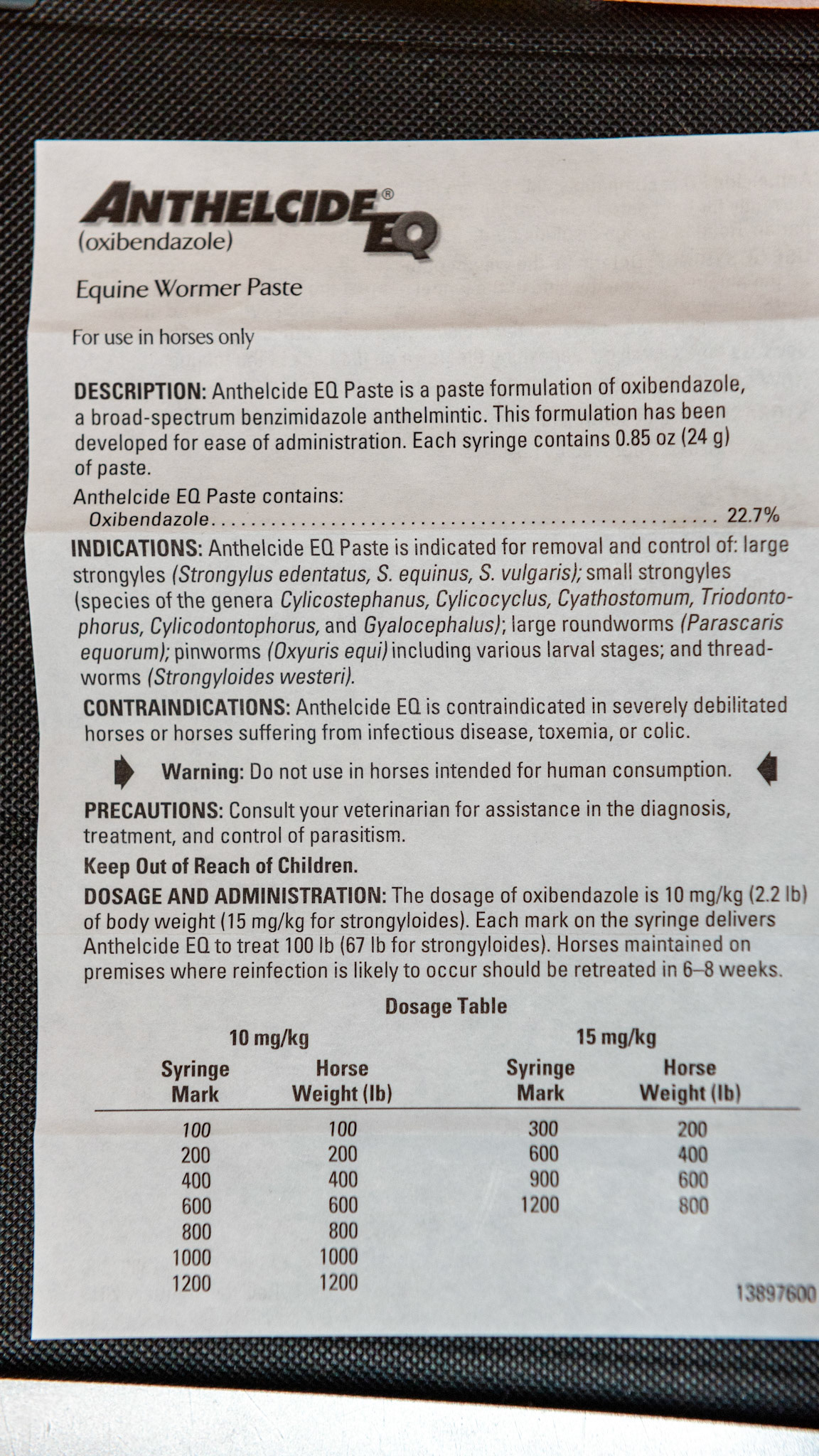 Anthelcide EQ is a great example of reading the package insert. Most people give the whole tube for their full sized horse, but this product has 2 different doses. To get all the internal parasites, it will take 1 ½ tubes of this product for an 1100 pound horse.  It is this higher dose that makes this product very successful.