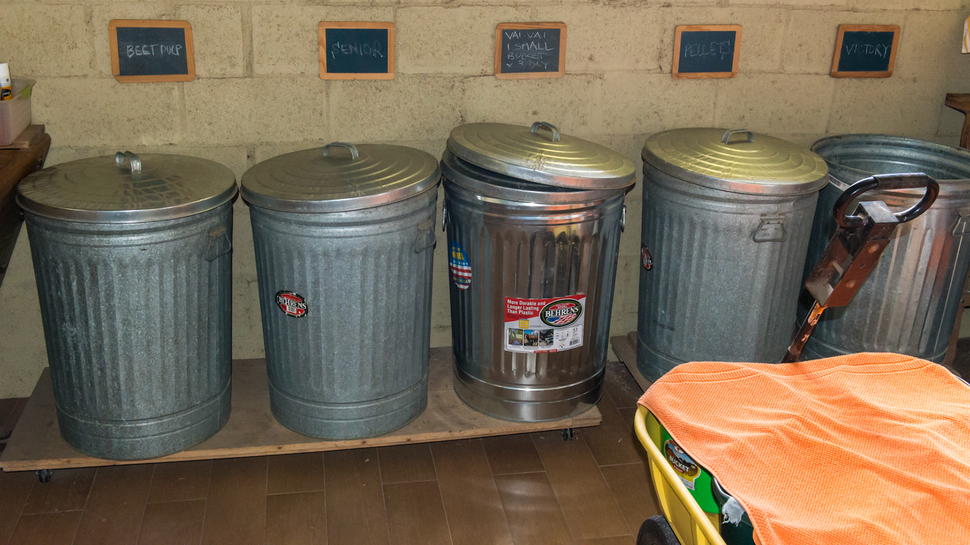 A well organized and clean feed room.