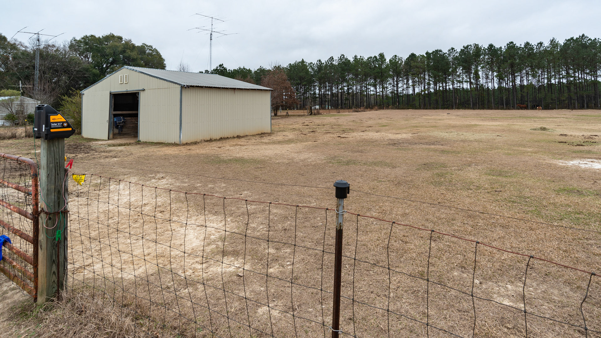 Alabama barn. Box wire strung on metal posts with a cap to cover the top. Also a hot wire is strung along the top.