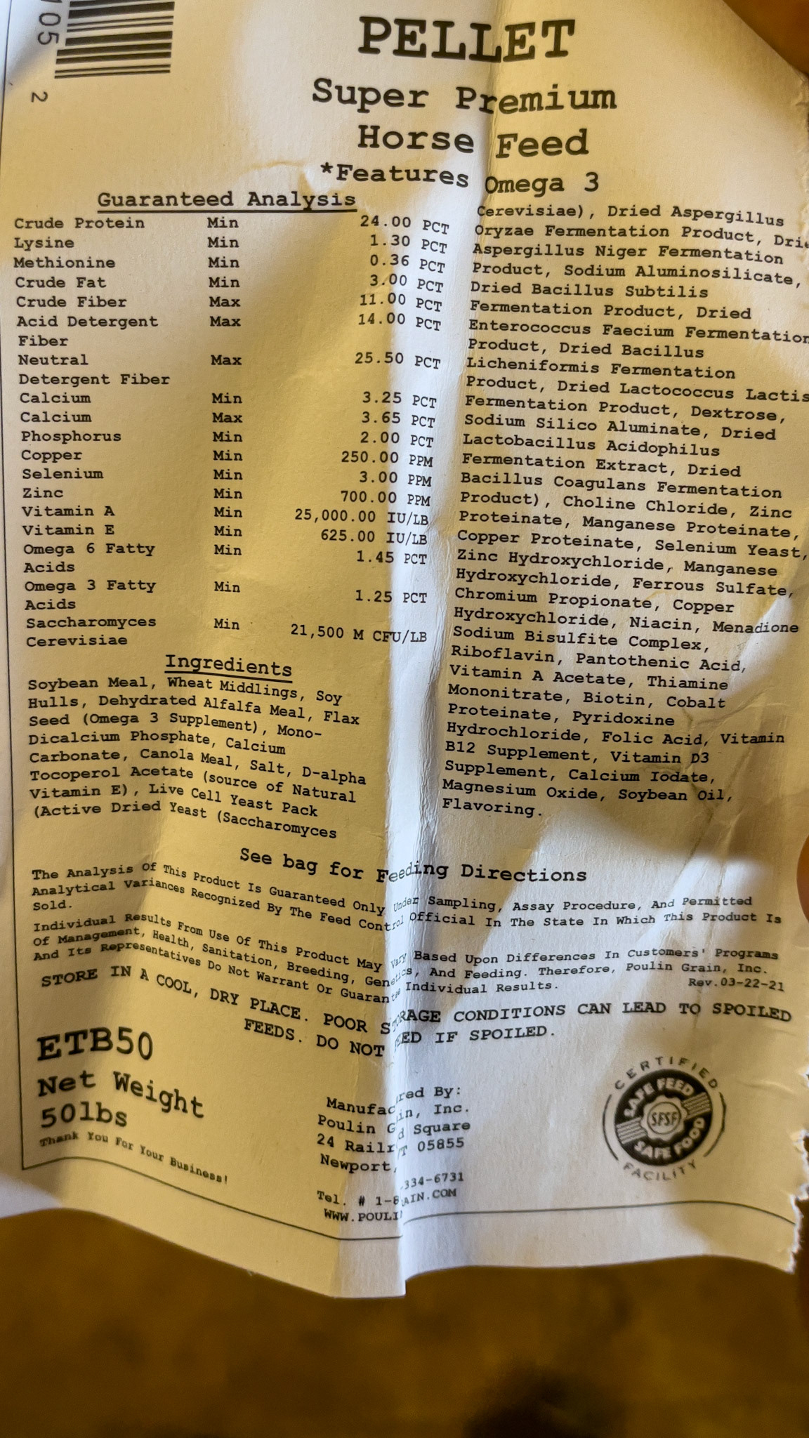 This is an example of a complete feed for horses. Notice the inflammatory ingredients, the unnecessary vitamins, minerals and prebiotics with no guarantees that what is on the label is in the bag or available to the horse.