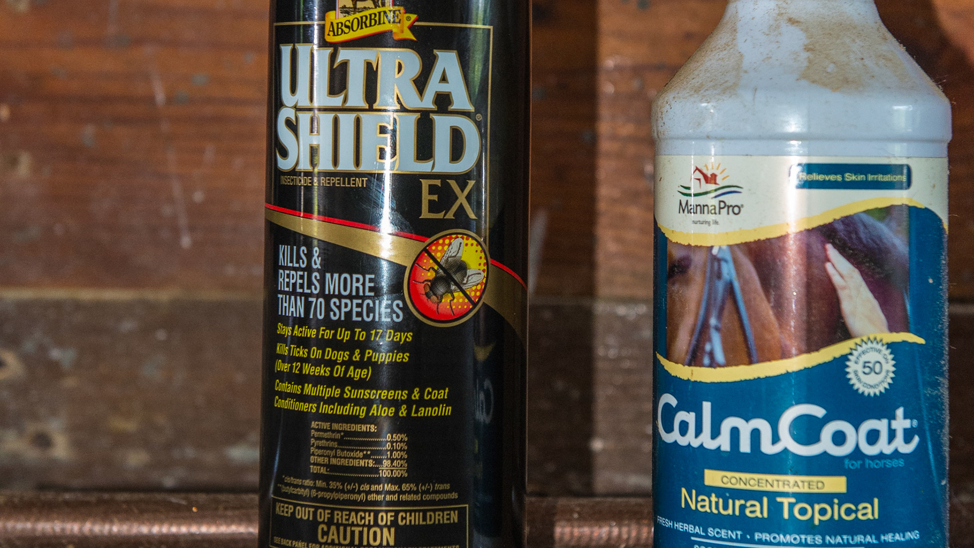 Fly spray on the left is used to repel flies when the horse is turned out and the spray on the right is used to sooth irritated skin from fly bites.