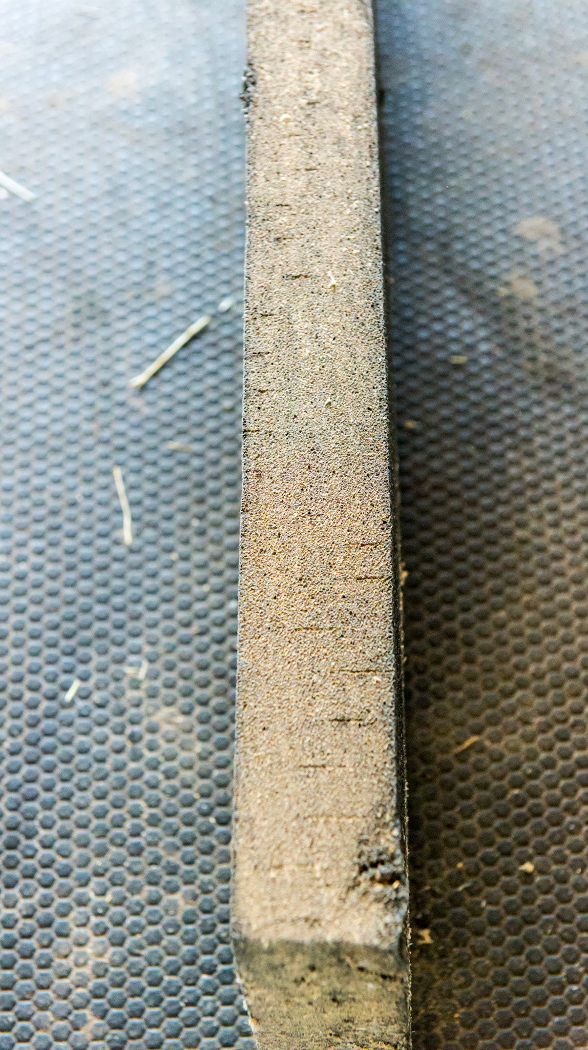 A cross section of the rubber flooring showing the thickness.