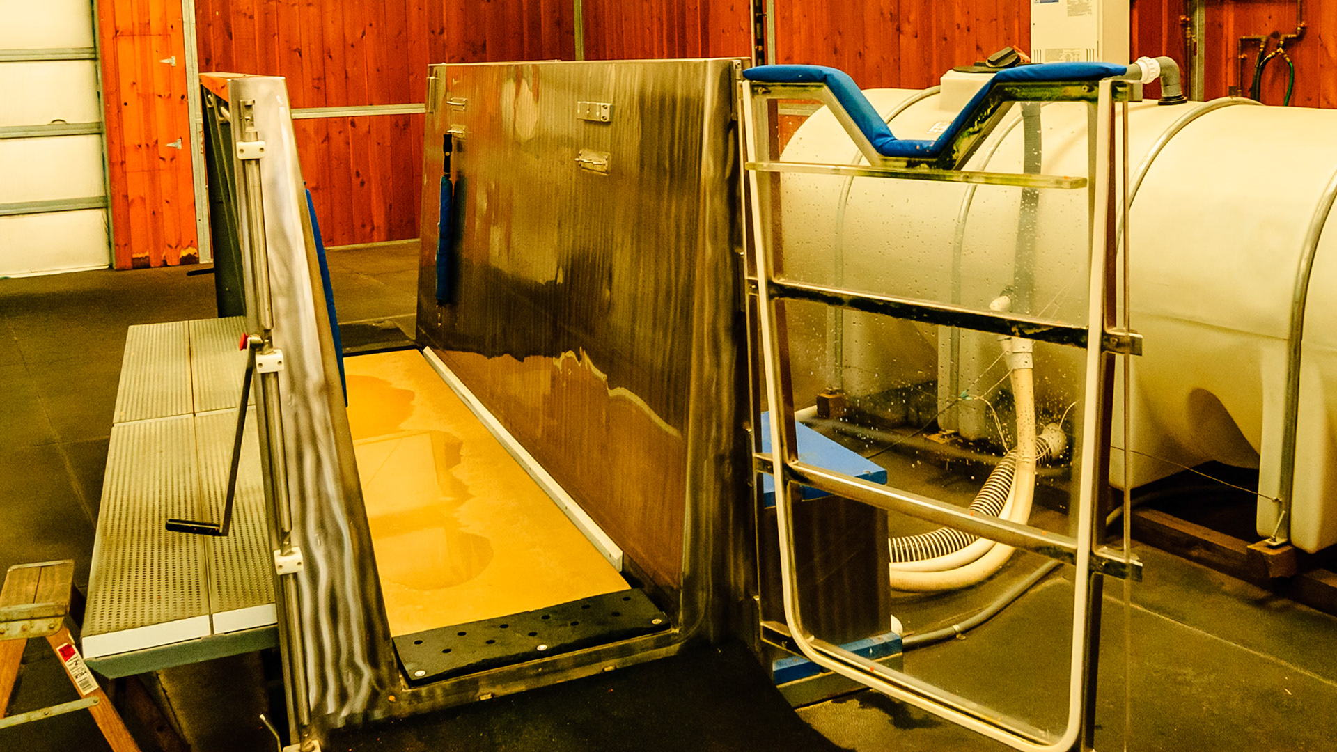 This is an underwater treadmill system.  The horse loads into the waterproof container around the treadmill and it is filled with the treated and clean water from the outside tank.  The water adds resistance to the walking motion.