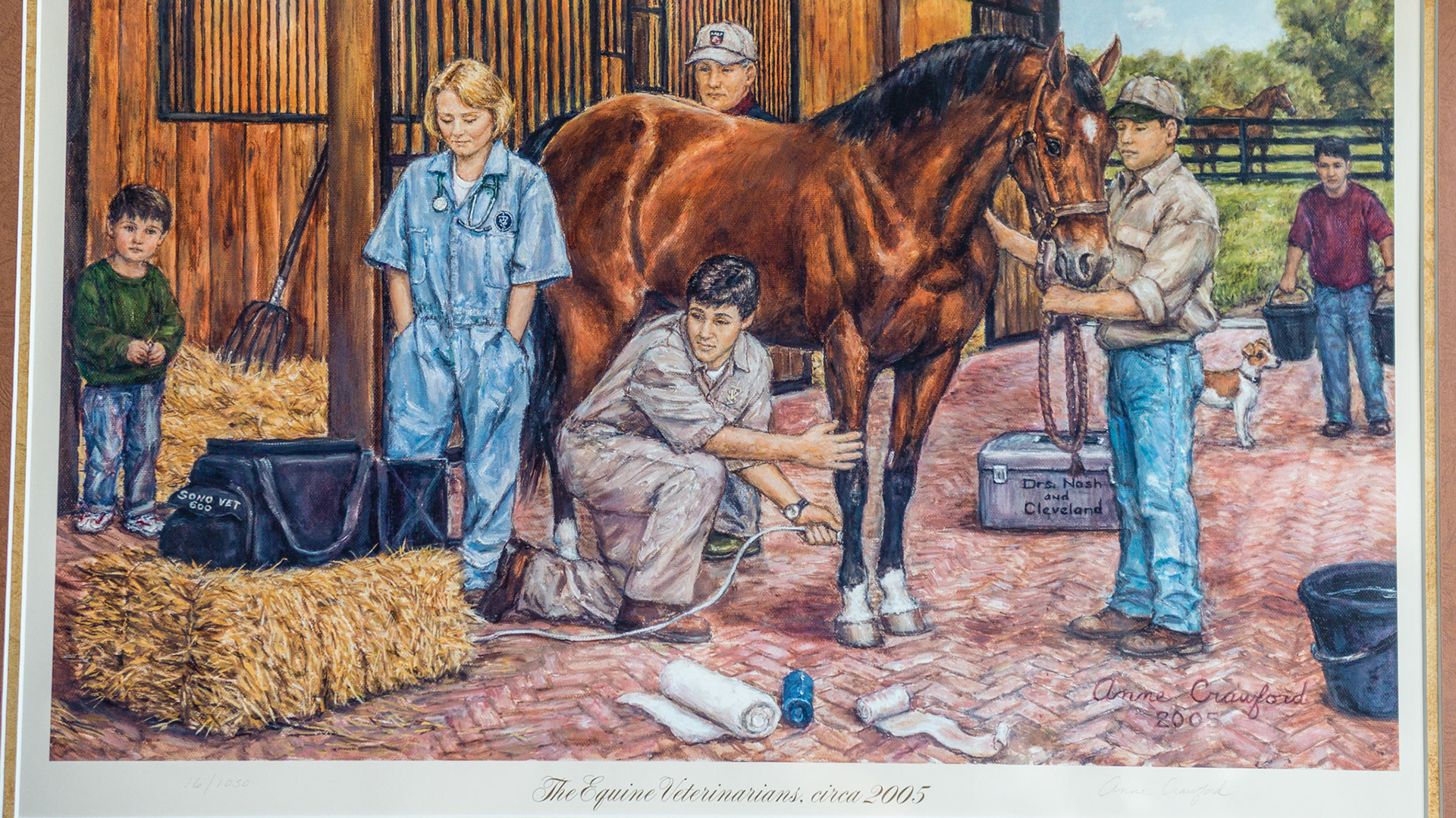 There is a connection of a halter and lead, however there there in no attention being paid to the horse in this picture of a painting of a veterinary scene depicting 2005.  Even the horse handler is looking at the machine's image.  Compare this painting to the one depicting an1895 scene in another photograph. The horse here has become an object rather than an individual.