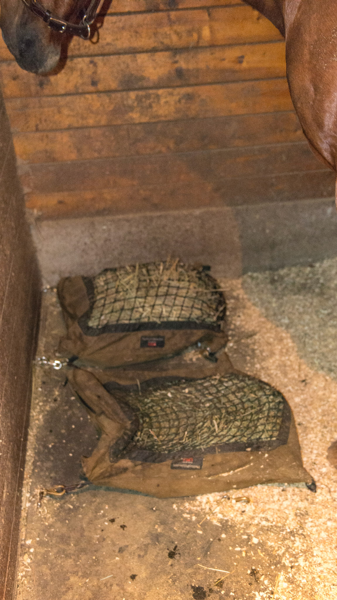 These Hay Pillows are secured to the floor with no reported problems other than the horse occasionally stepping on the front latches that would break them. Also, the Pillow nearset me has smaller holes for the leafier hay while the farther Pillow has larger holes for regular hay.