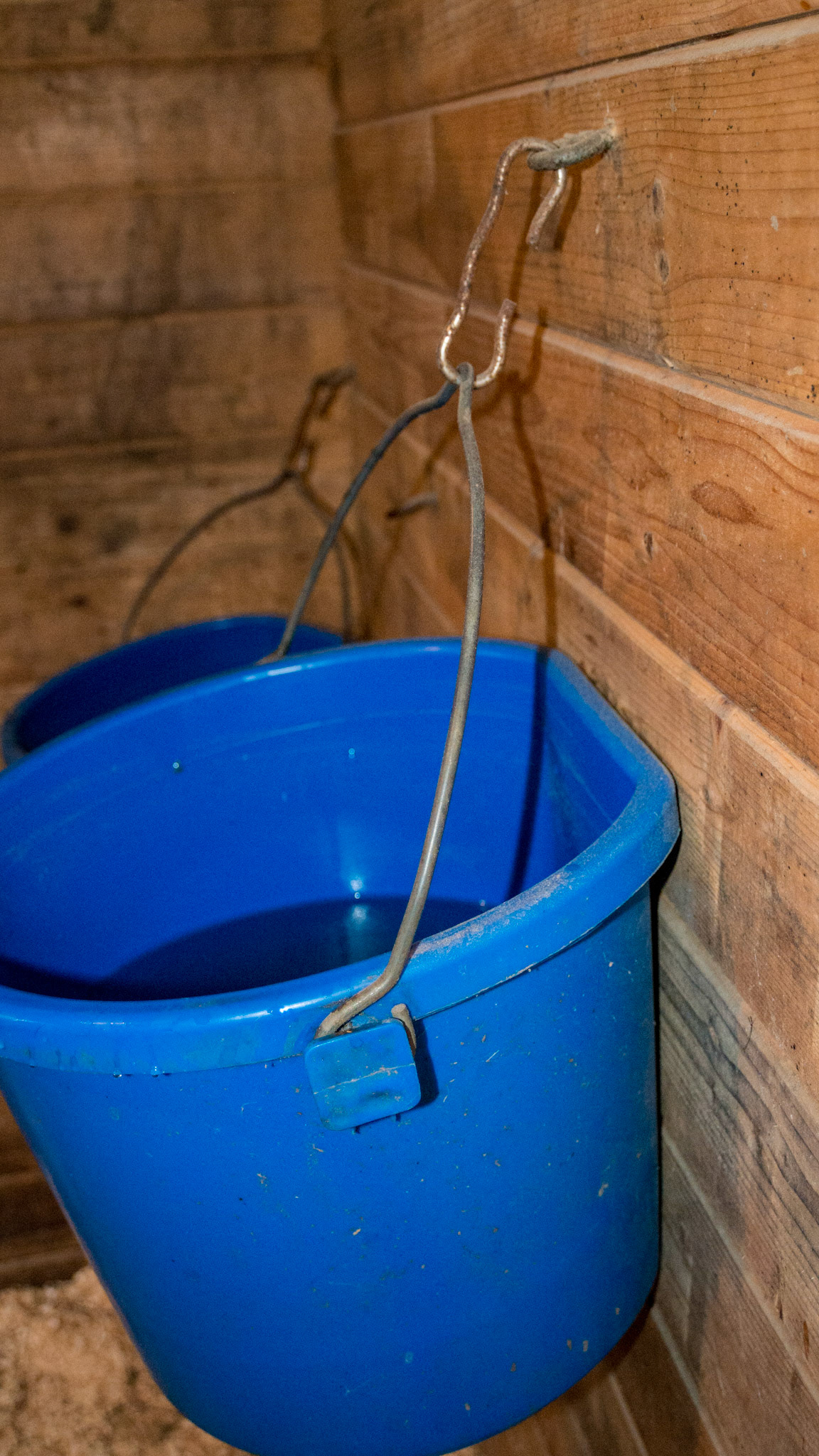 Water bucket with safety attachment of handle. Also a bucket hanger style facing correctly..