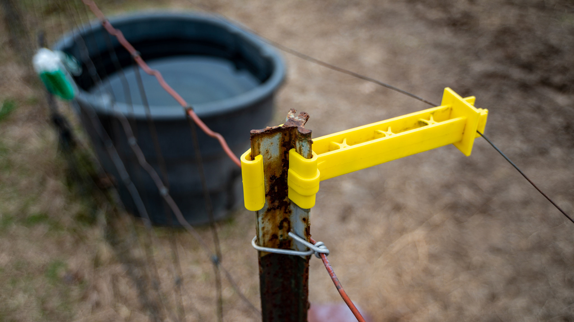 This yellow plstic device stands the electric wire off od the metal post.  This wire helps the horse respect the otherwise unsafe metal stakes and large box woven metal wire.