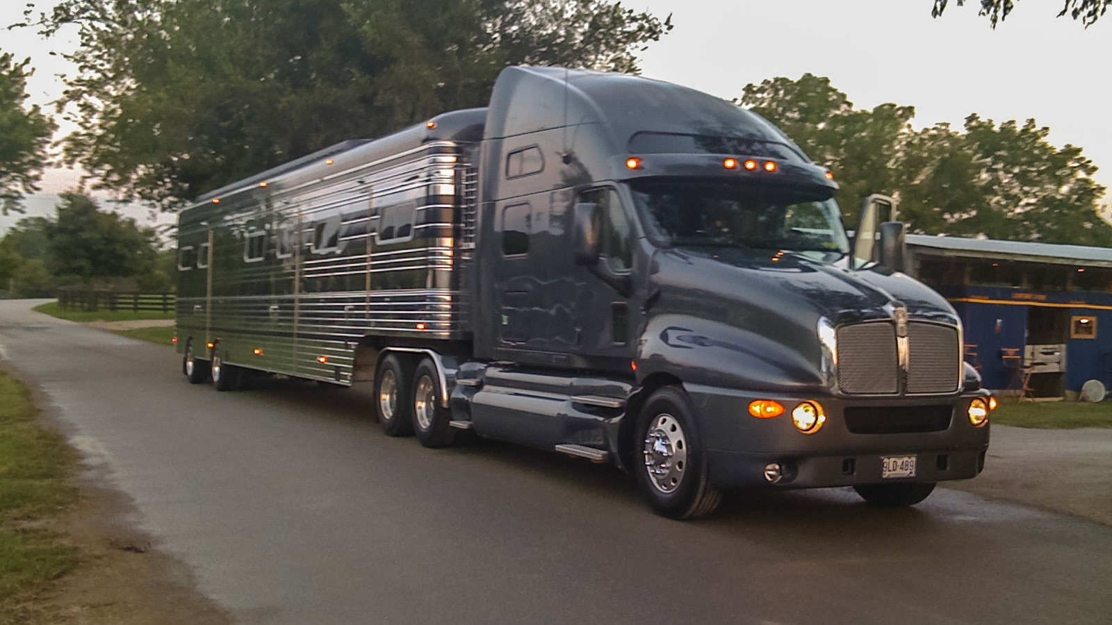 State of the art tractor and trailer.  The trailer has central air conditioning located on the front between the tractor as well as hot and cold running water.  The split trailer axel helps to distribute the weight and the unit rids on an air suspension.