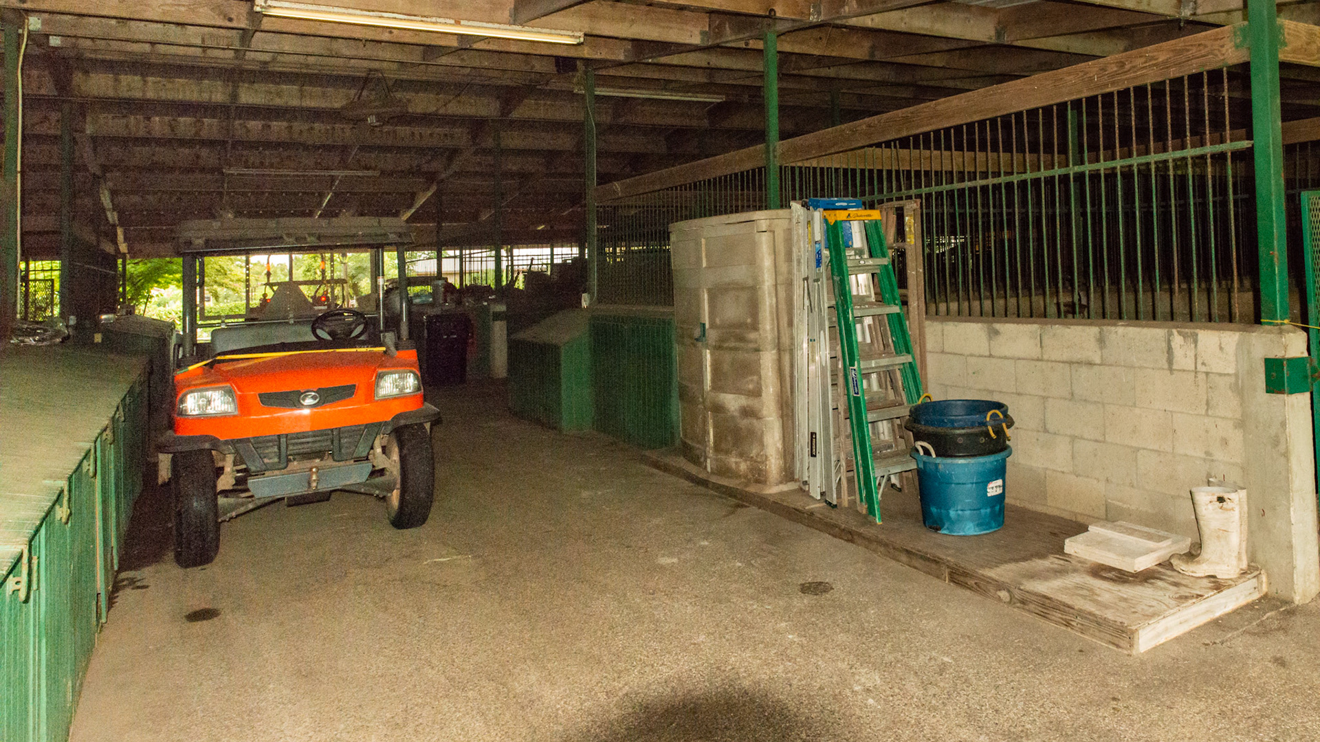 Durable barn structure and well organized and clean equipment area.