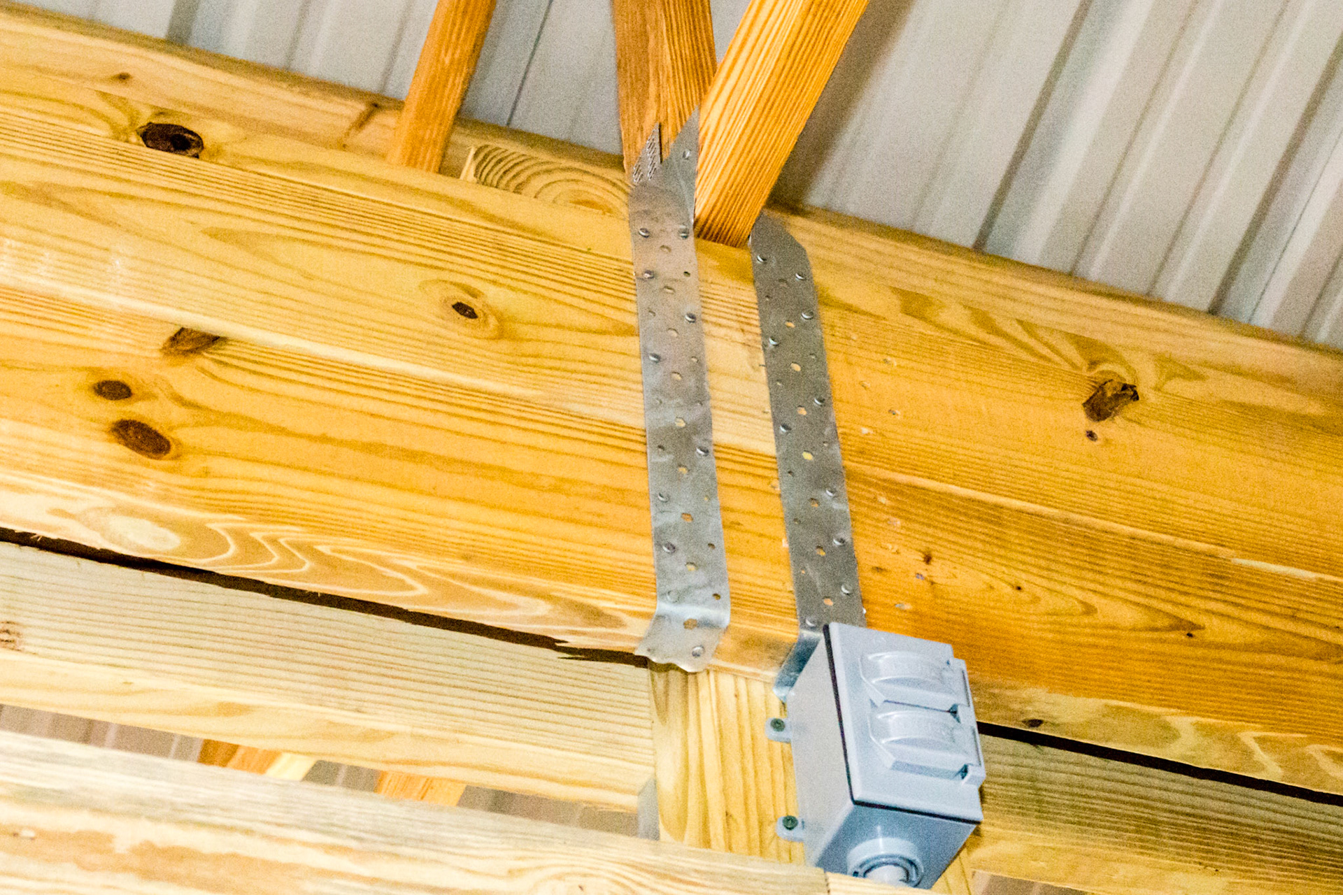 Hurricane joist straps, Electric outlet for fan installation.