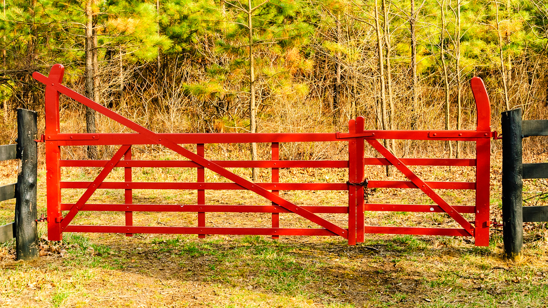 A hand made red gate along the road in Virginia. Note the 2 widths - one for tractor and on=e for horse or human. Note also the simple lift latch that closes the two sides.