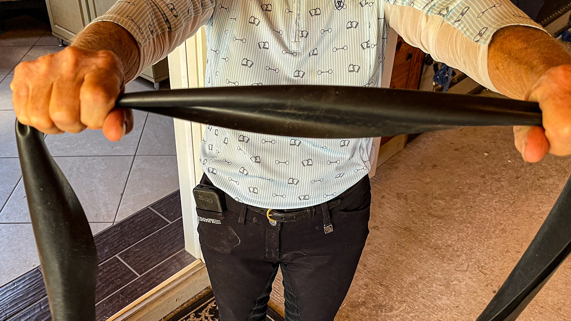 Resistance bands are used in conditioning horses, also seen in the video.