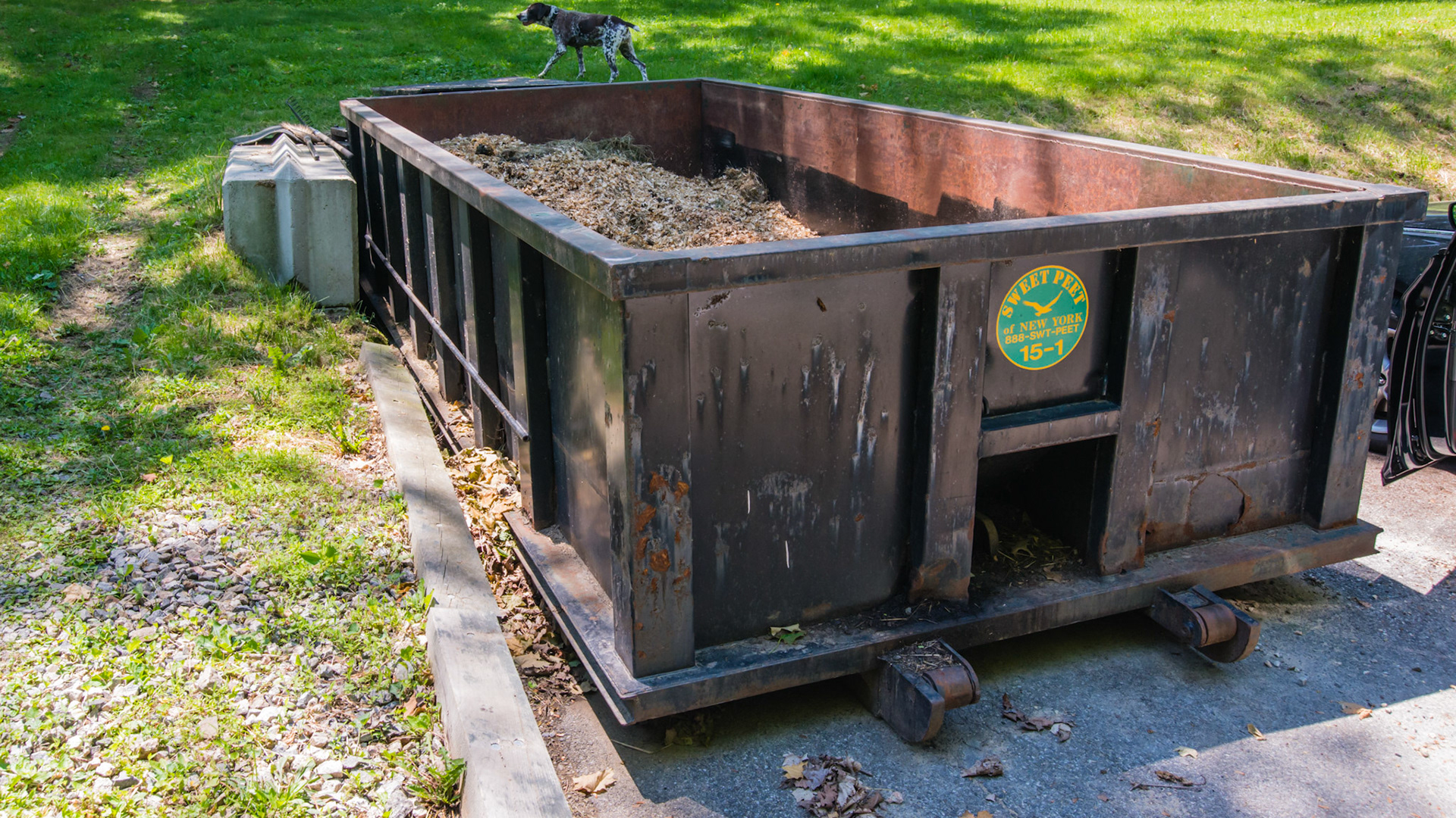 Roll off container for manure. Notch dug in hillside and lined with cement blocks. 1 of 3