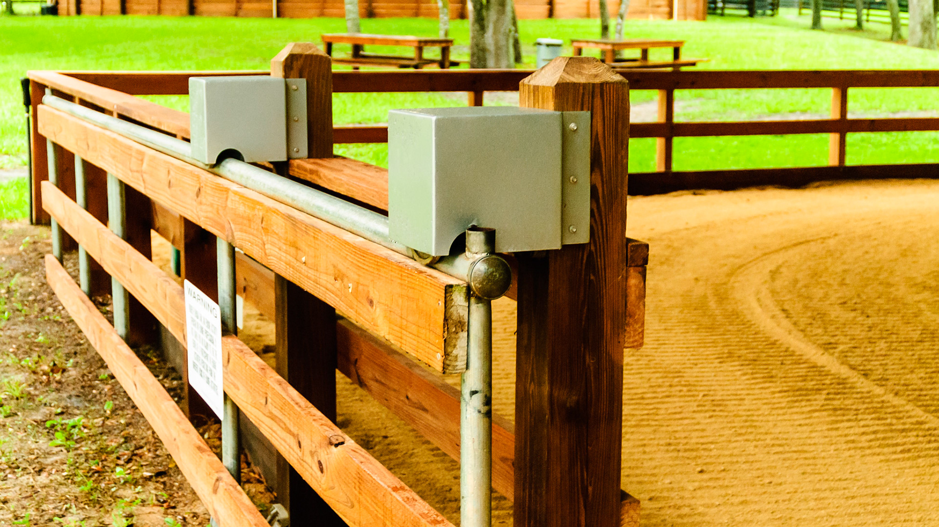 Heavy duty roller bearings are protected from the elements on this sliding gate.