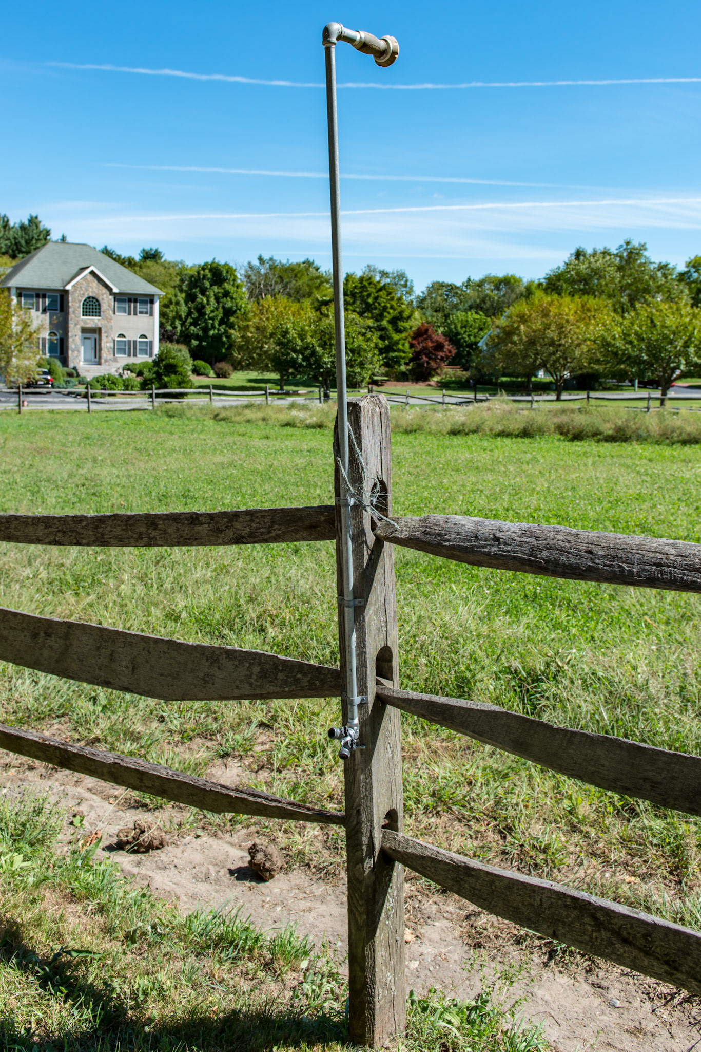 Misting system for hot weather. The hose connects at the bottom and is disconnected and drained for winter.