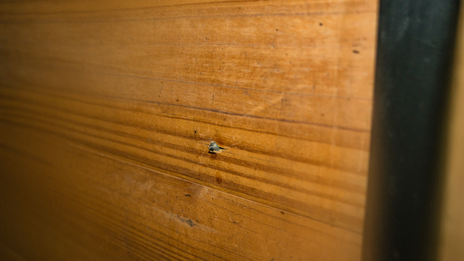 The point of the screweye comes through the other side of the wood into a stall.