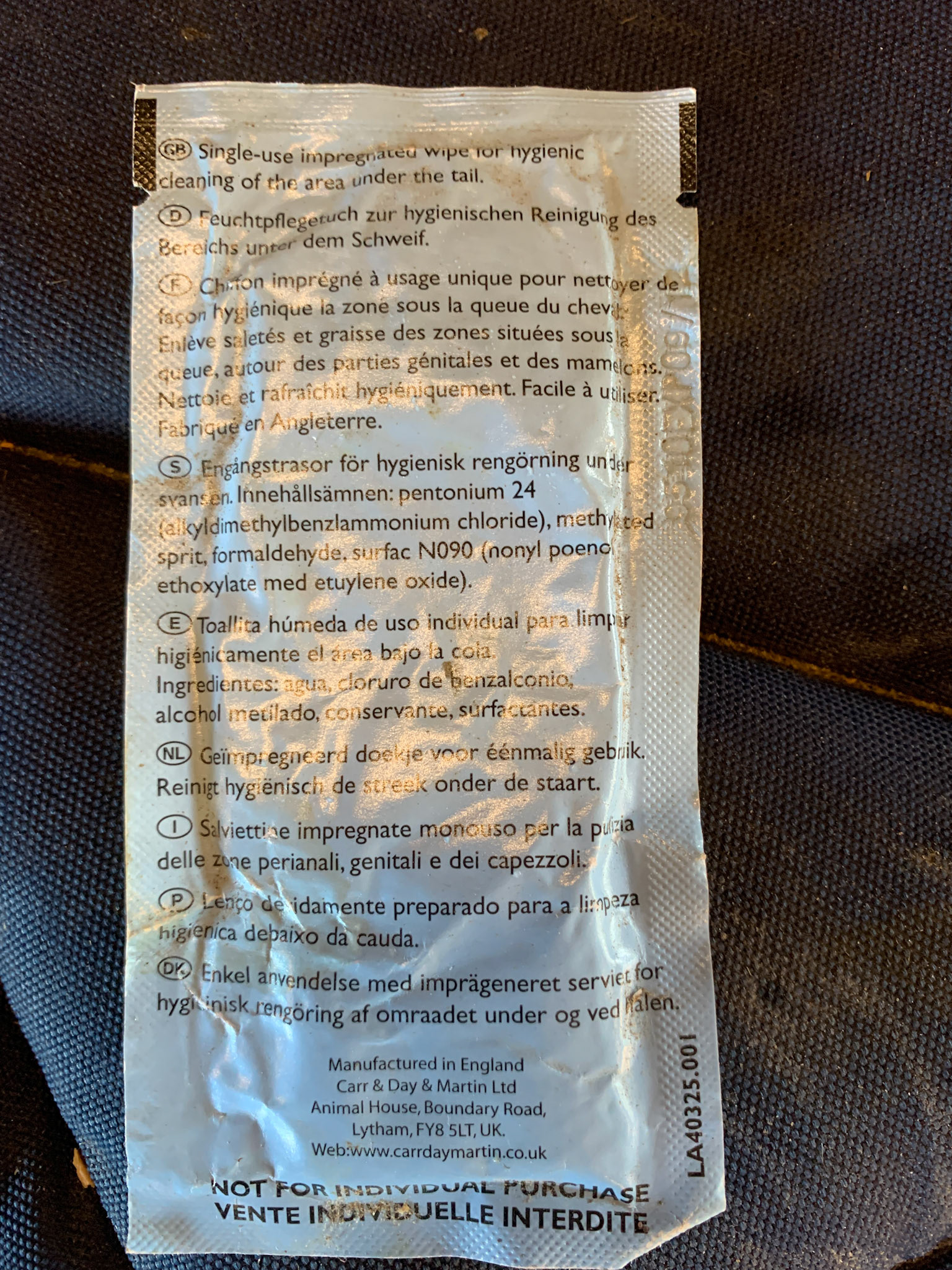 A packaged wipe for cleaning under the tail.