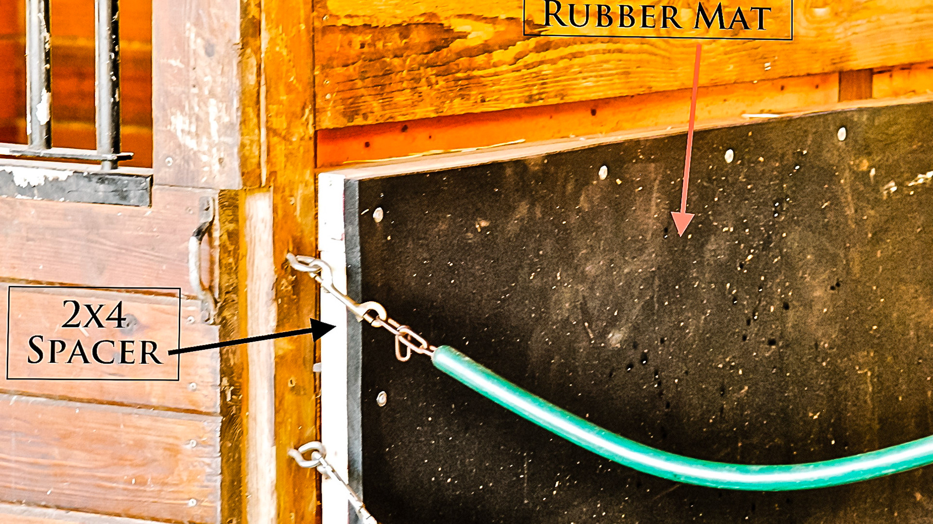 Usually kick mats are screwed or glued directly to the wall. This man’s idea was to buffer the kick by placing the mat away from the wall. He eventually removed it because the shavings worked their way up behind the mat.  Maybe if the bottom edge was about a foot off the ground it would not have been a problem. I thought the idea was good to prevent injury to the horse.