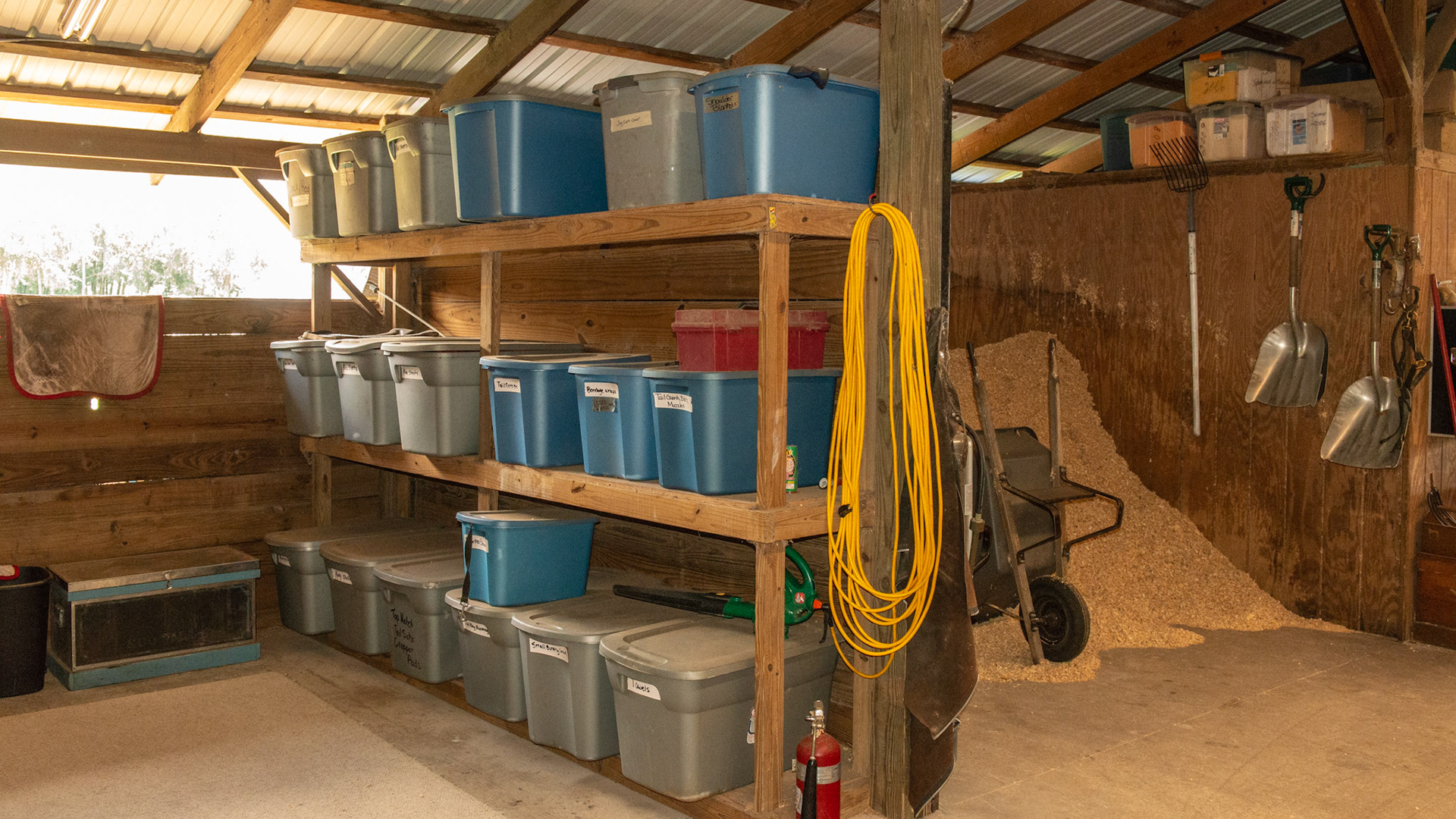 Everything is clean and organized in this barn. A lot of hard work is clearly evident in the whole barn.  Note fire extinguisher (one of many throughout the barn)