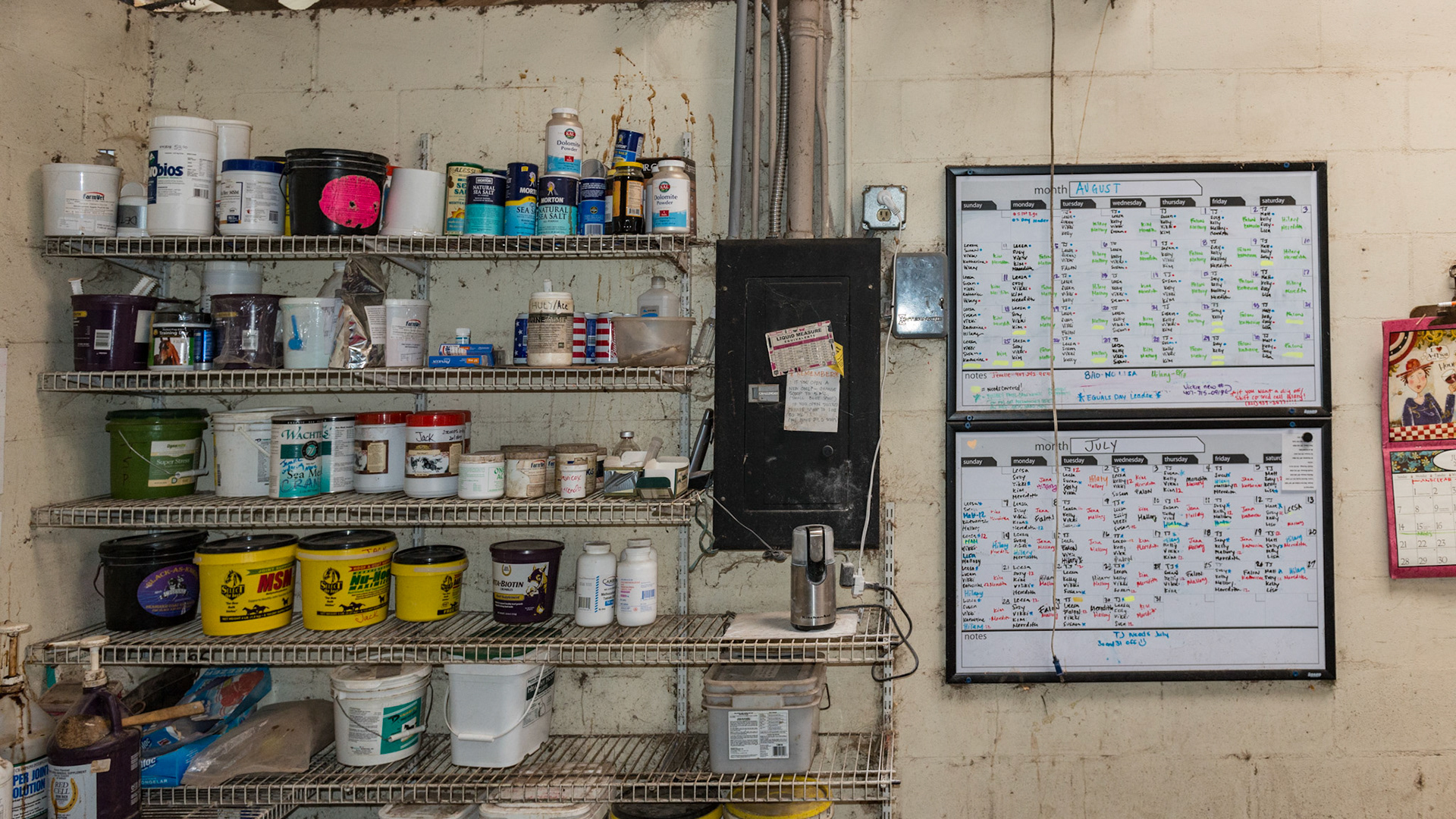 Highly organized feed room. Horse's names are obsured by request of the barn owner because she prides herself not only on her organization, but in her integrity of confidentiality.