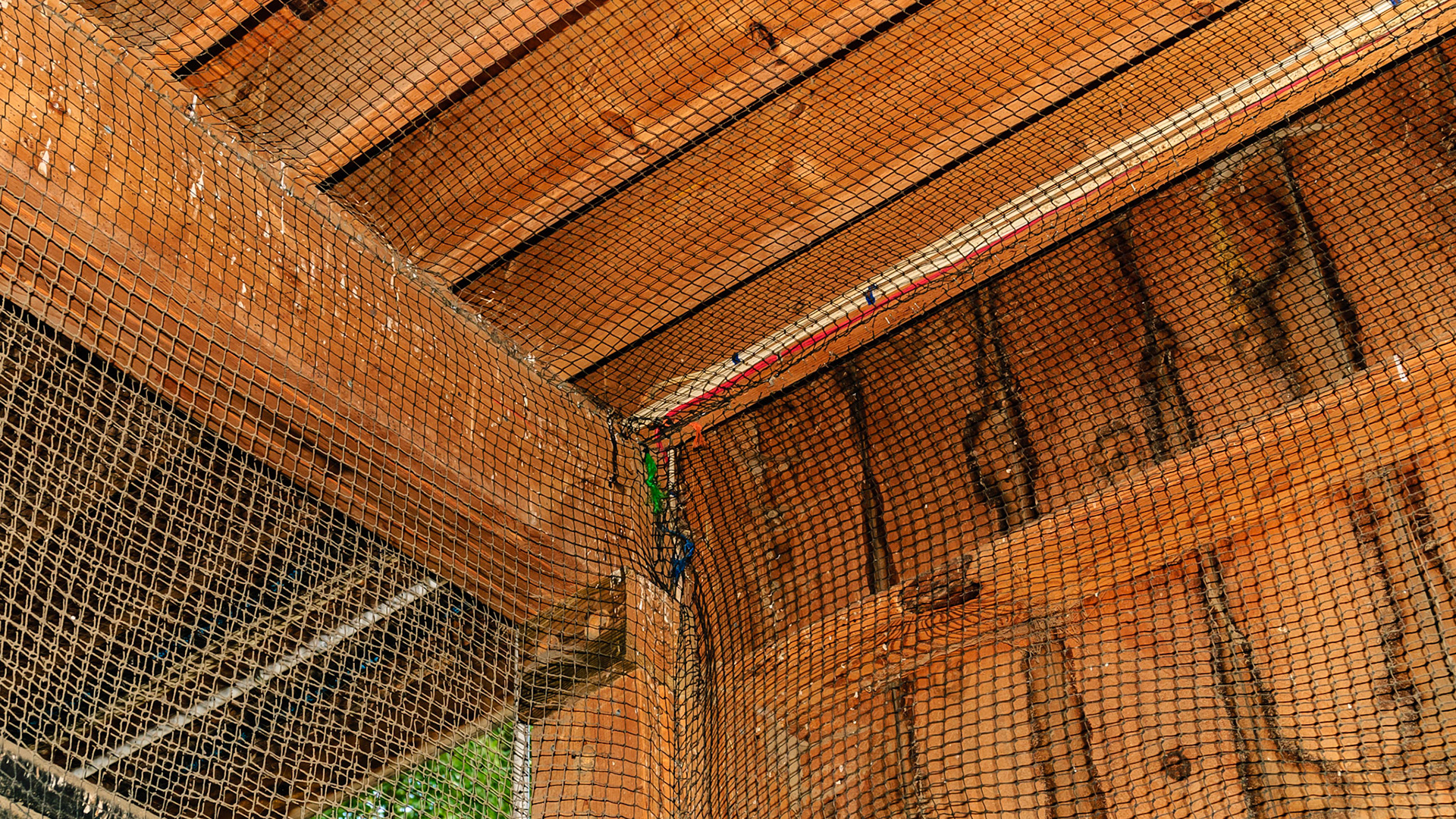 Mesh netting covers the walls and ceiling to prevent birds from nesting and messing though this was put up after droppings occured.