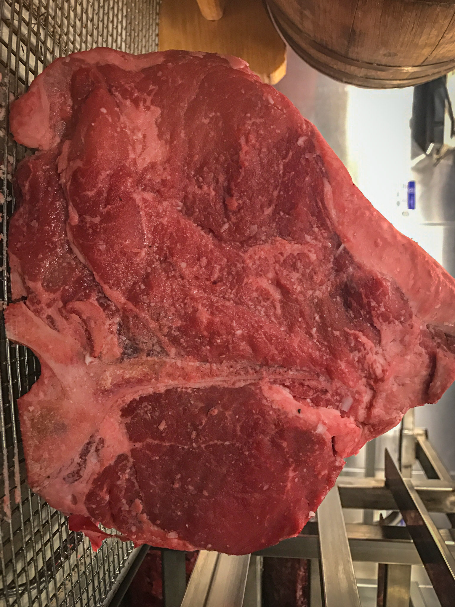 A T-bone steal. On the left is the vertical cut into the vertebra bone and making the “T” going to the right from there is the transverse process bone. Above this transverse process bone is the sirloin or where your saddle rests. Below this bone is the filet mignon. Notice the amount of fat in the sirloin. This comes from eating excess calories and while making the steak taste good, it does not ad strength. Only by consuming protein will this muscle become stronger.